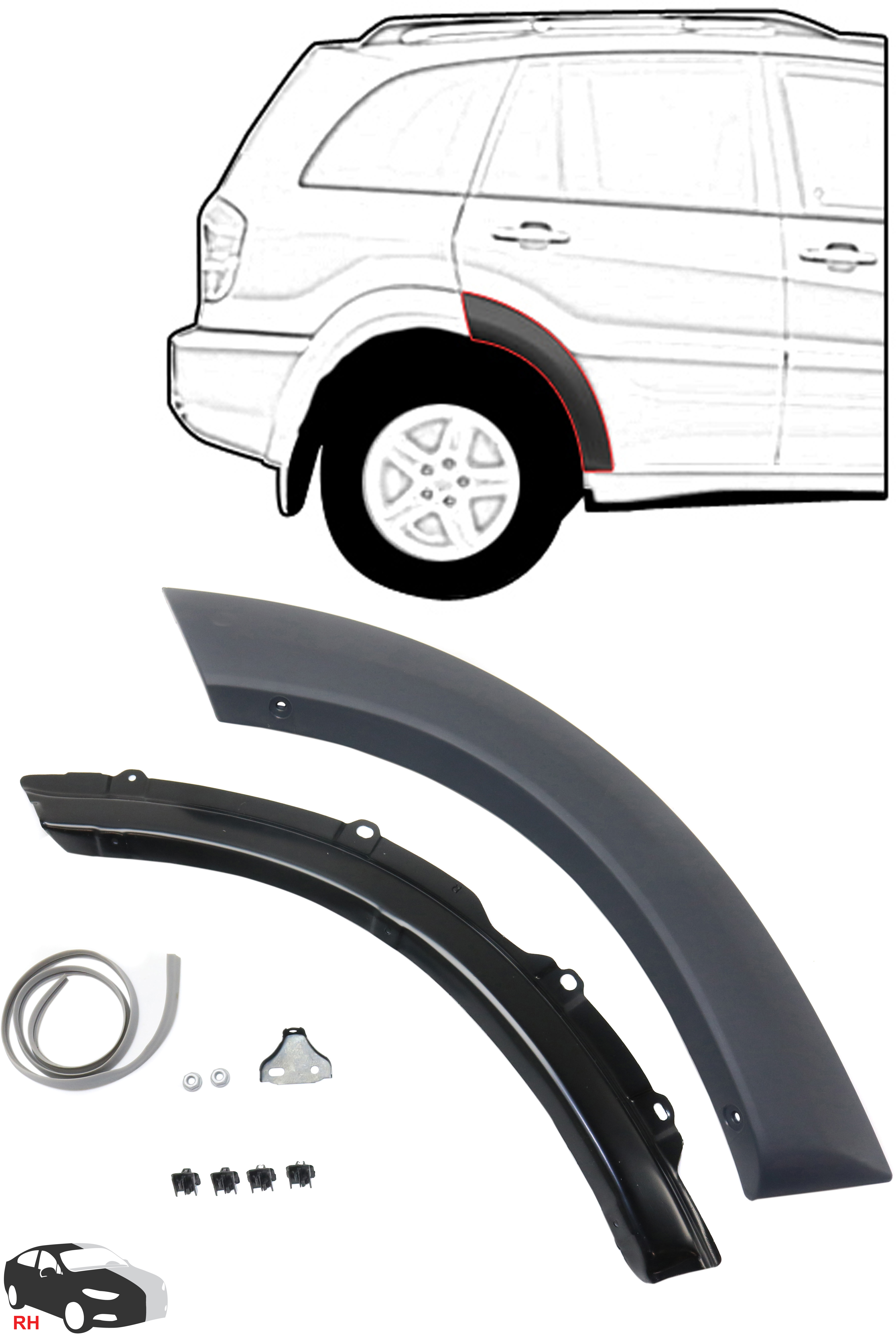 AM RAV4-01-05 REAR WHEEL OPENING MOLDING RH Front Section Paint to Match SKU REPT553903 Partslink TO1509101 OEM 6168142040C0
