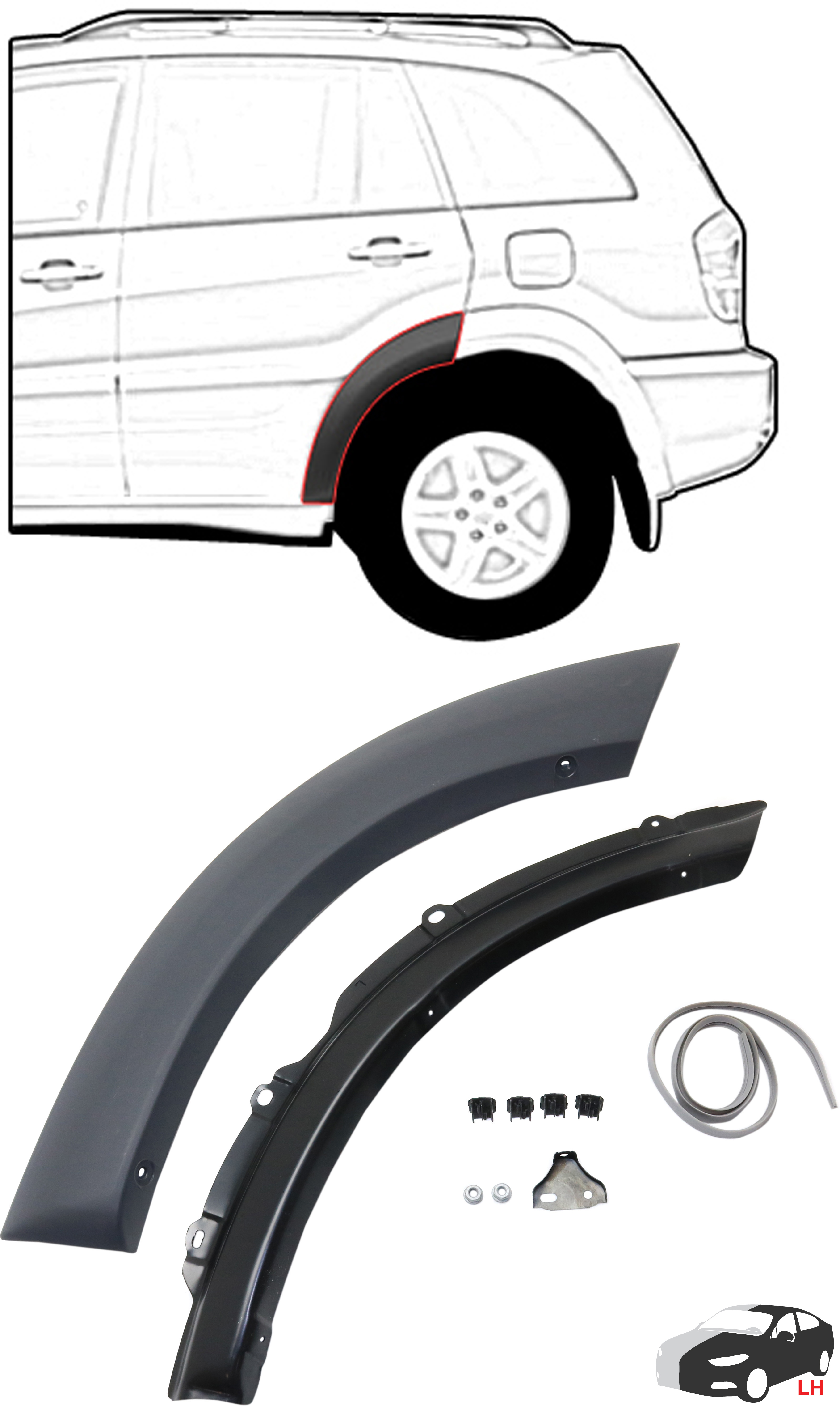 AM RAV4-01-05 REAR WHEEL OPENING MOLDING LH Front Section Paint to Match SKU REPT553904 Partslink TO1508101 OEM 6168242040C0