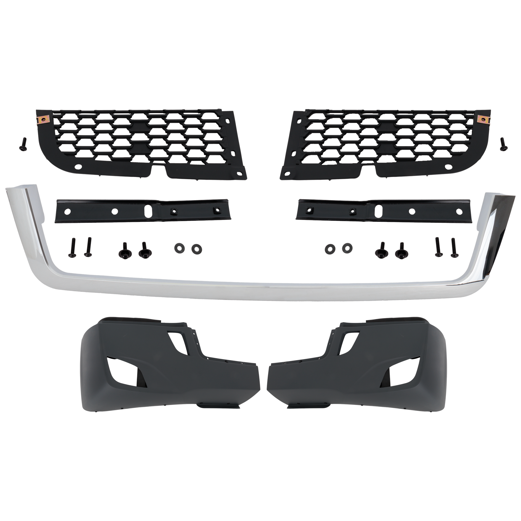 AM FREIGHTLINER CASCADIA 18-22 FRONT BUMPER Powdercoated Gray Assembly Black Trim Two Piece Mesh w Fog Light Holes w o Under Deflector SKU RF01010052 HD OEM A2128979038 A2128979039