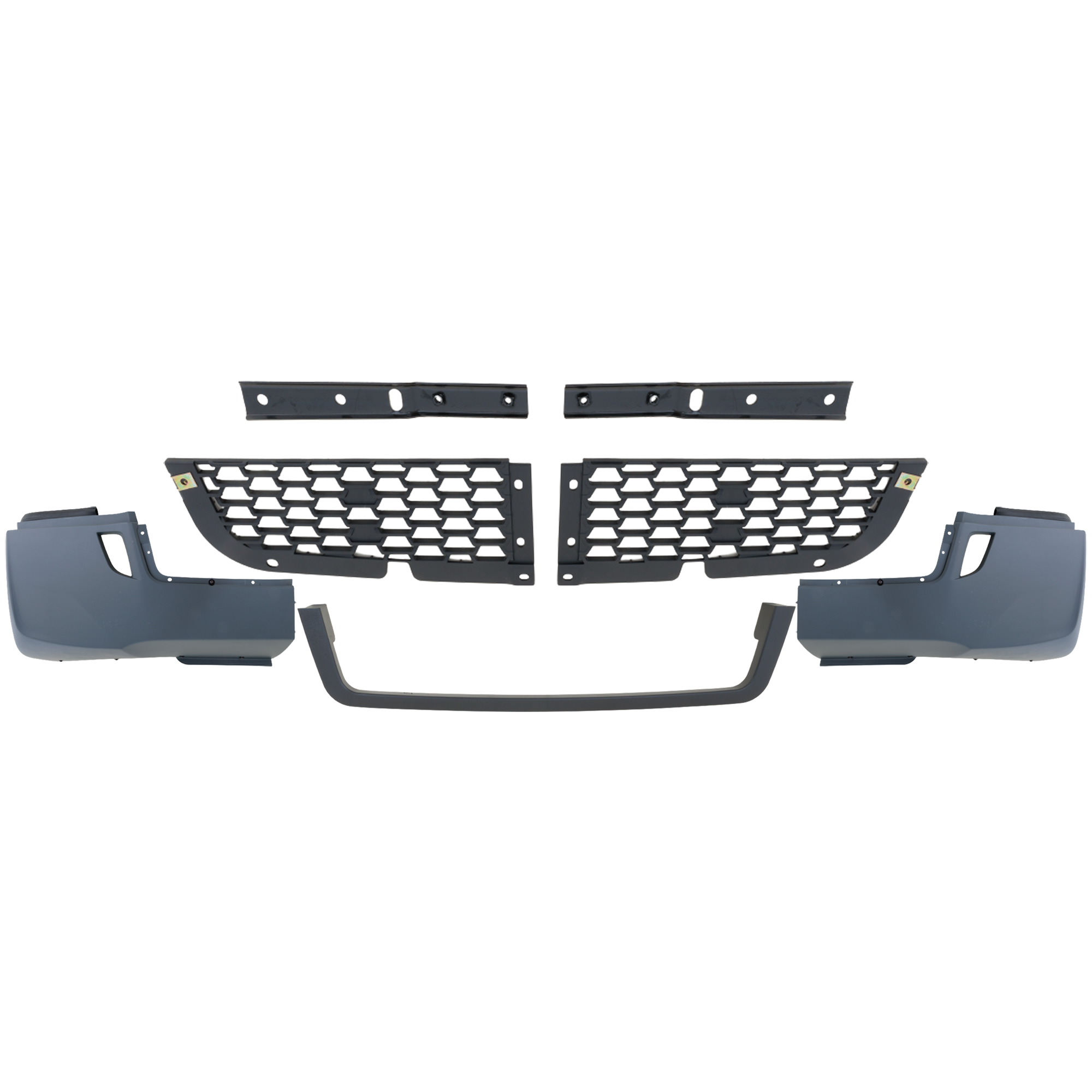 AM FREIGHTLINER CASCADIA 18-22 FRONT BUMPER Powdercoated Gray Assembly Black Trim Two Piece Mesh w o Fog Light Holes and Under Deflector SKU RF01010055 HD OEM A2128979036 A2128979037