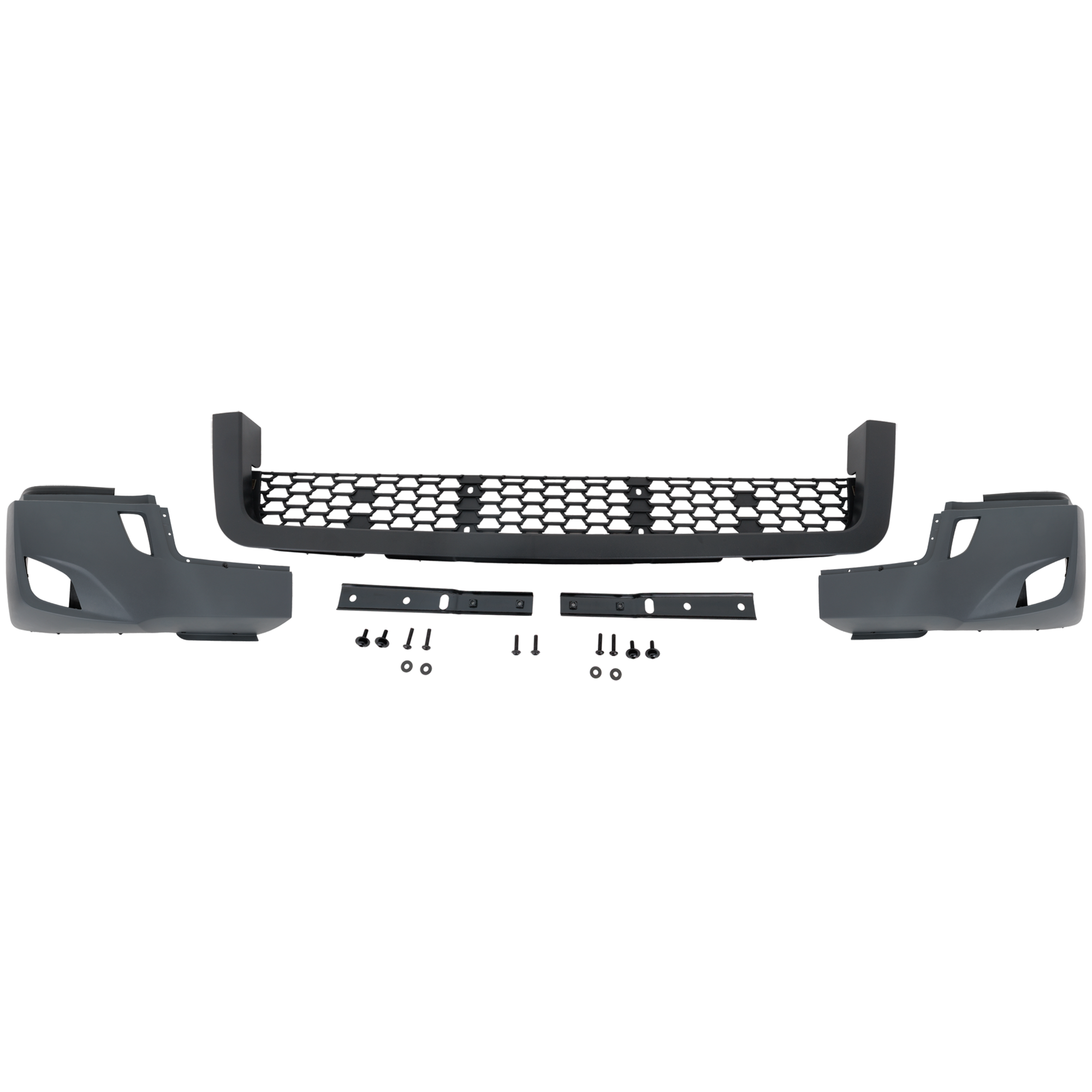 AM FREIGHTLINER CASCADIA 18-24 FRONT BUMPER Powdered Coated Gray Assembly w Fog Lamp Hole Black Strip and Complete Grille SKU RF01010064 HD OEM Heavy Duty