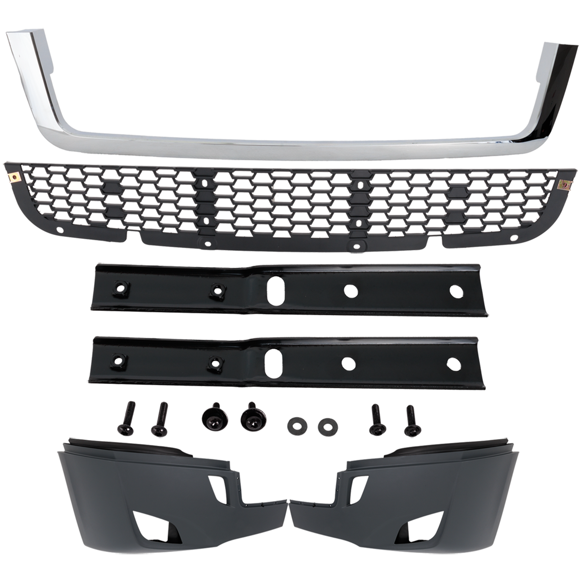 AM FREIGHTLINER CASCADIA 18-24 FRONT BUMPER Powdered Coated Gray Assembly w Fog Lamp Hole Chrome Strip and Complete Grille SKU RF01010065 HD OEM A2129370001