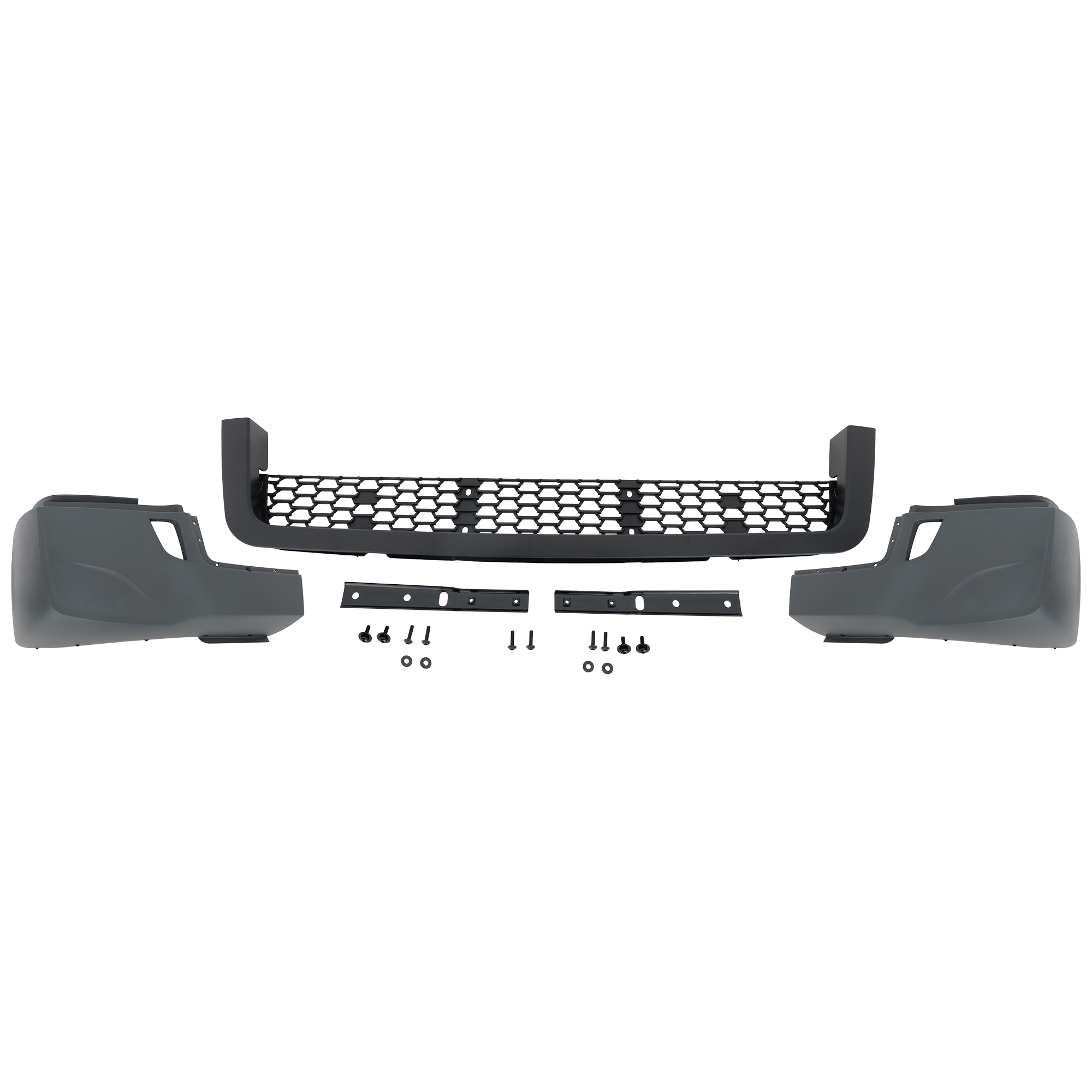 AM FREIGHTLINER CASCADIA 18-24 FRONT BUMPER Powdered Coated Gray Assembly w o Fog Lamp Hole w Black Strip and Complete Grille SKU RF01010066 HD OEM Heavy Duty