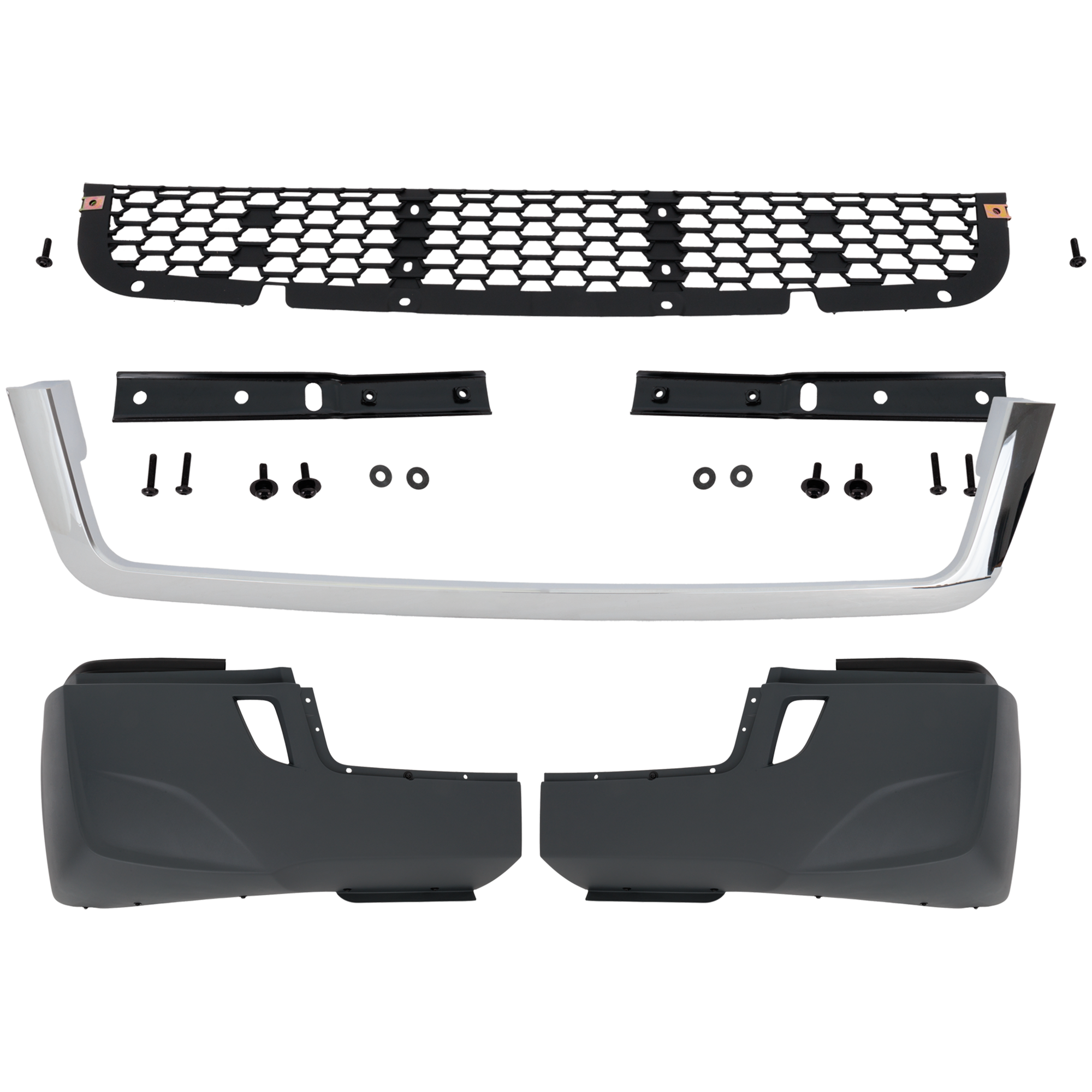 AM FREIGHTLINER CASCADIA 18-24 FRONT BUMPER Powdered Coated Gray Assembly w o Fog Lamp Hole w Chrome Strip and Complete Grille SKU RF01010067 HD OEM Heavy Duty
