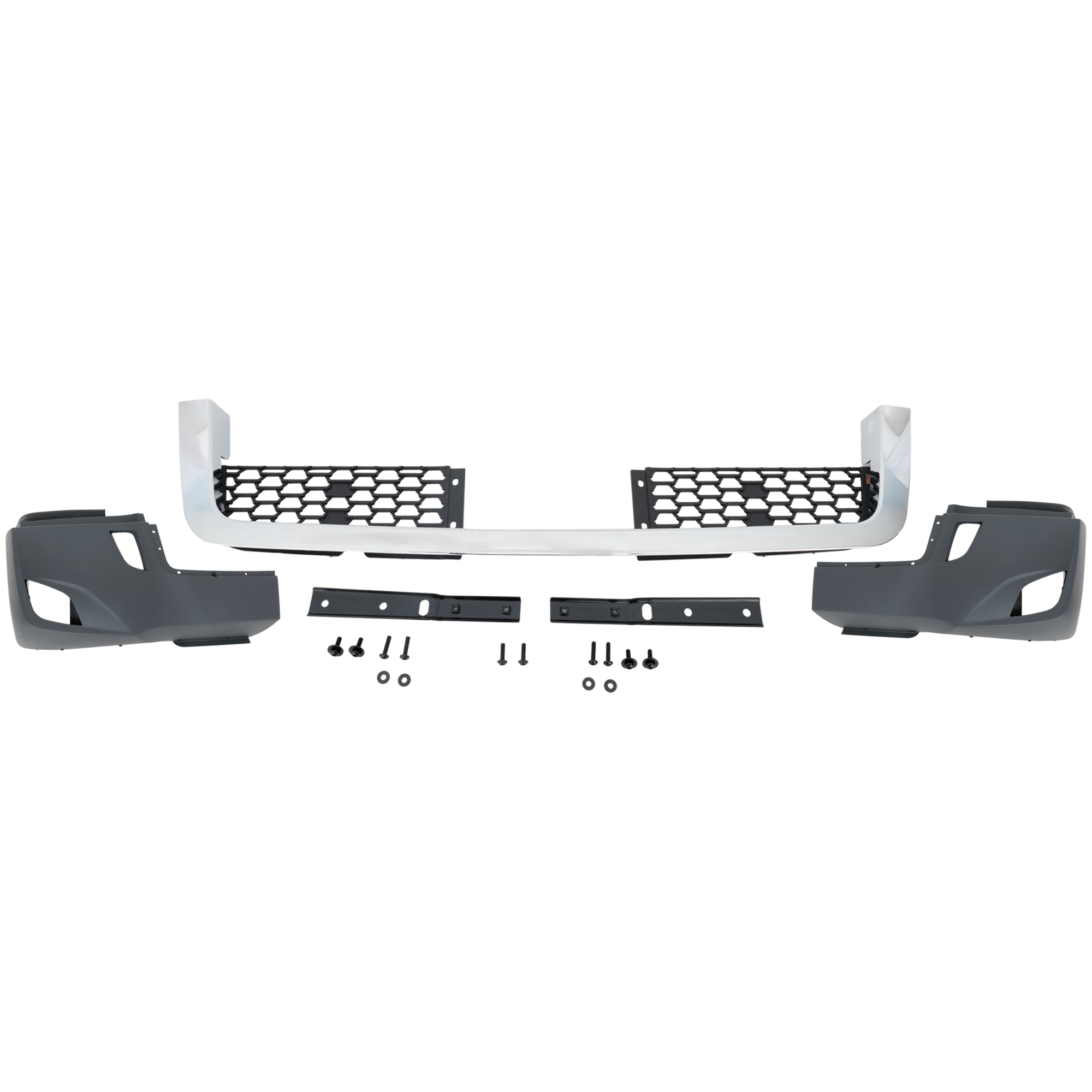 AM FREIGHTLINER CASCADIA 18-22 FRONT BUMPER Powdercoated Gray Assembly w Fog Lamp Hole Chrome Strip and Two Piece Grille SKU RF01010068 HD OEM Heavy Duty