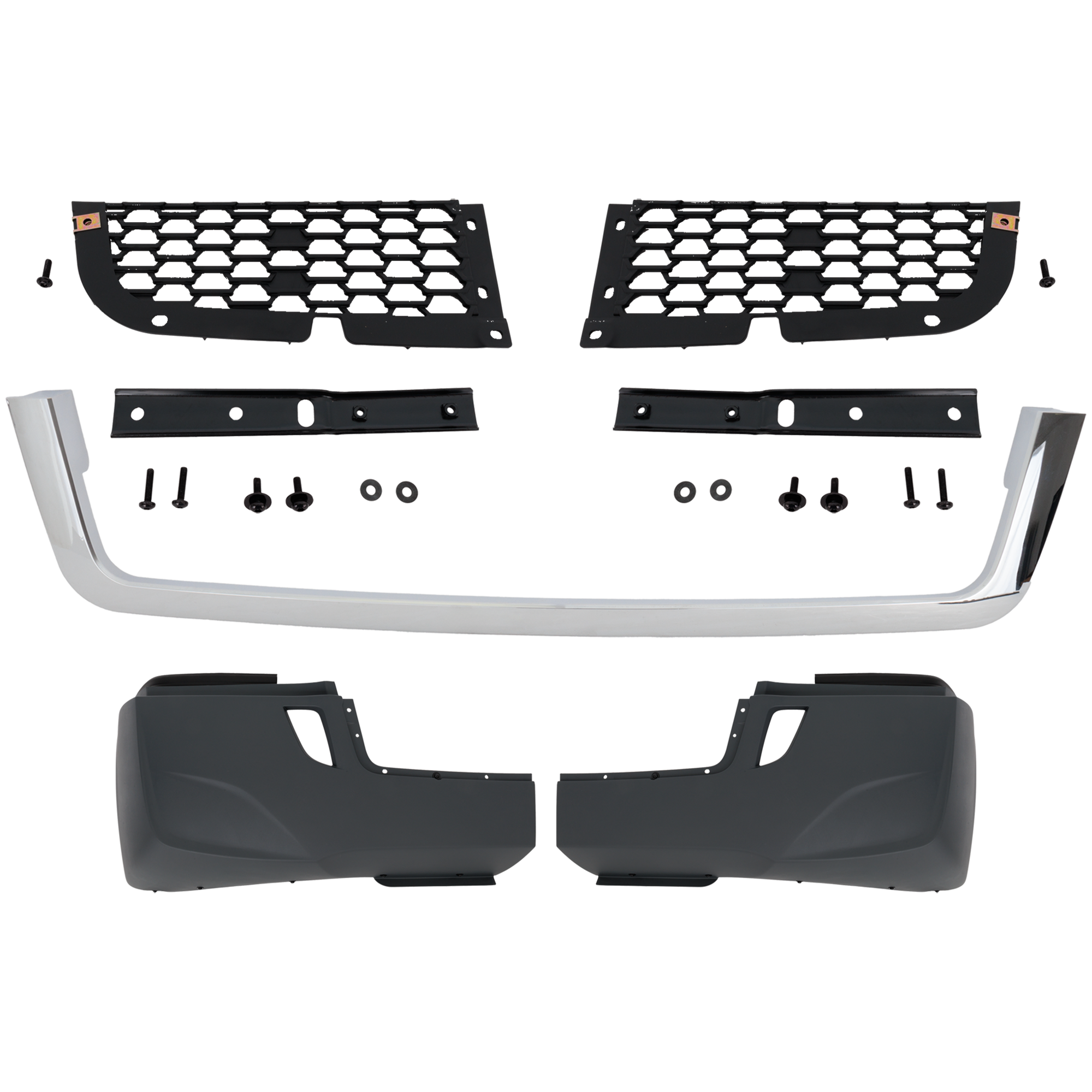 AM FREIGHTLINER CASCADIA 18-22 FRONT BUMPER Powdercoated Gray Assembly w o Fog Lamp Hole w Chrome Strip and Two Piece Grille SKU RF01010069 HD OEM Heavy Duty
