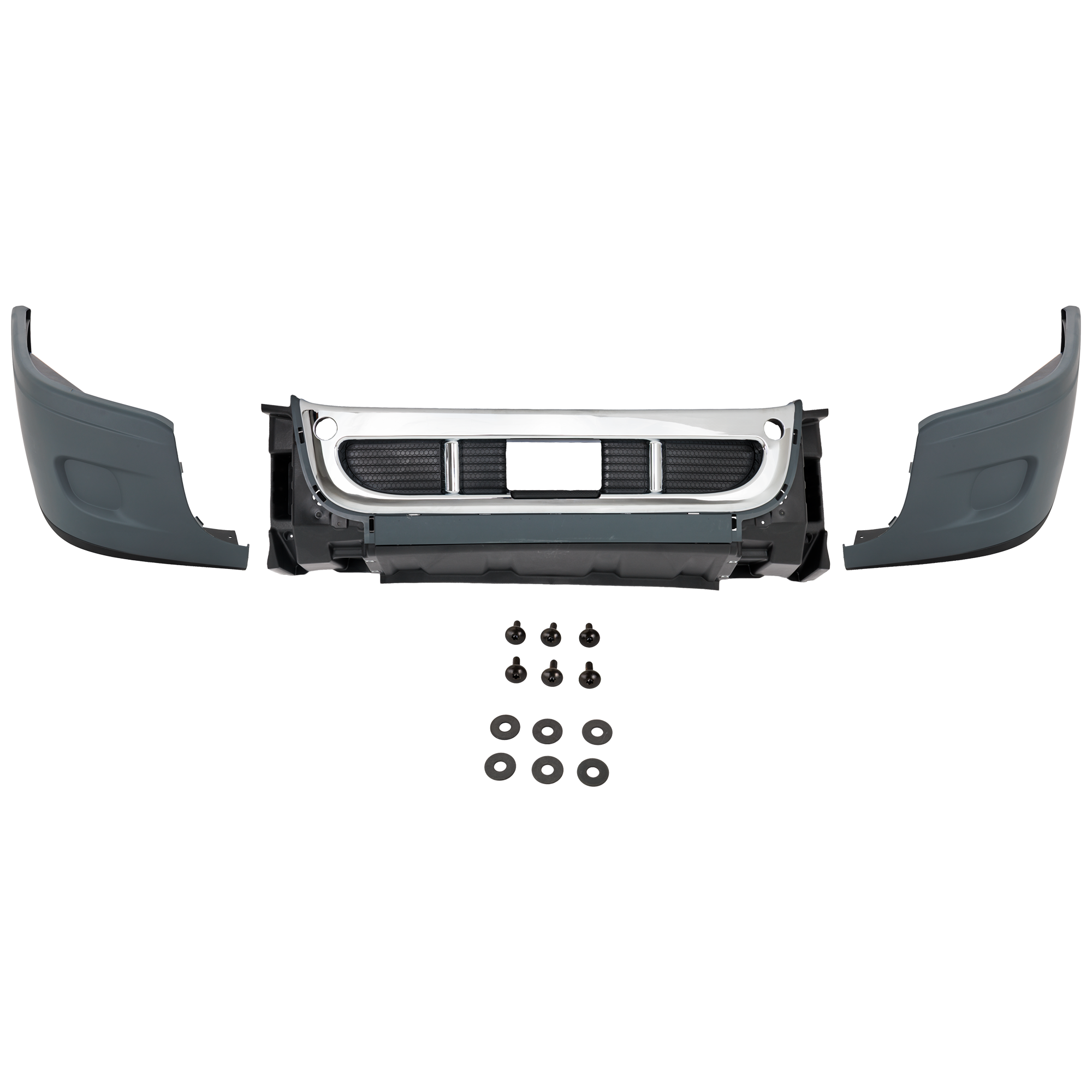 AM FREIGHTLINER CASCADIA 08-17 FRONT BUMPER COVER 7 pc Kit Chrome w o Fog Light Holes w Bumper End and Reinforcement SKU RF01030103 HD OEM A2128546064