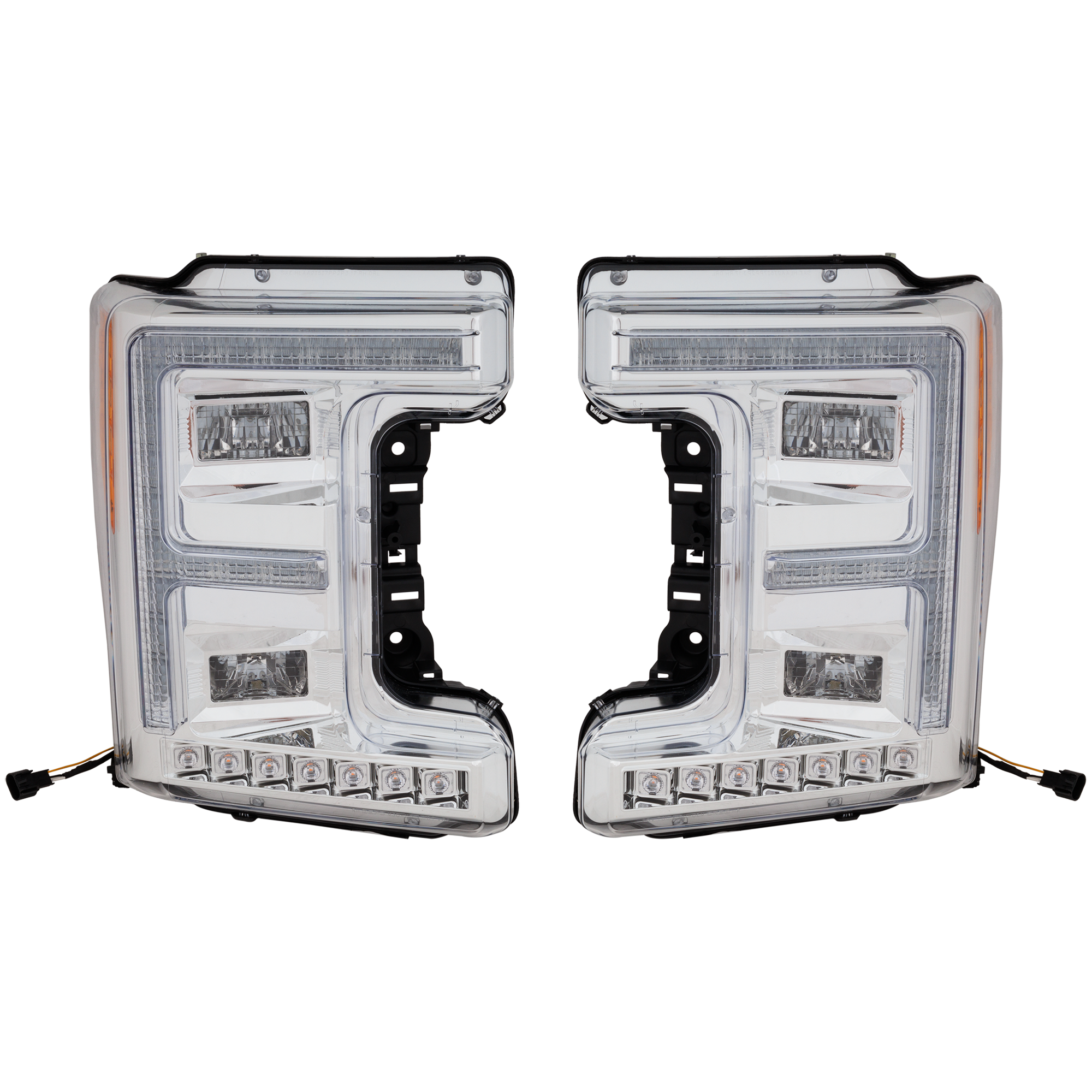 AM F SERIES SUPER DUTY 17-19 HEAD LAMP RH AND LH Assembly LED Crew Cab w o Sport Pkg Extended Standard Cab Chrome Interior SKU RF10010225 Partslink FO2505151 OEM Performance