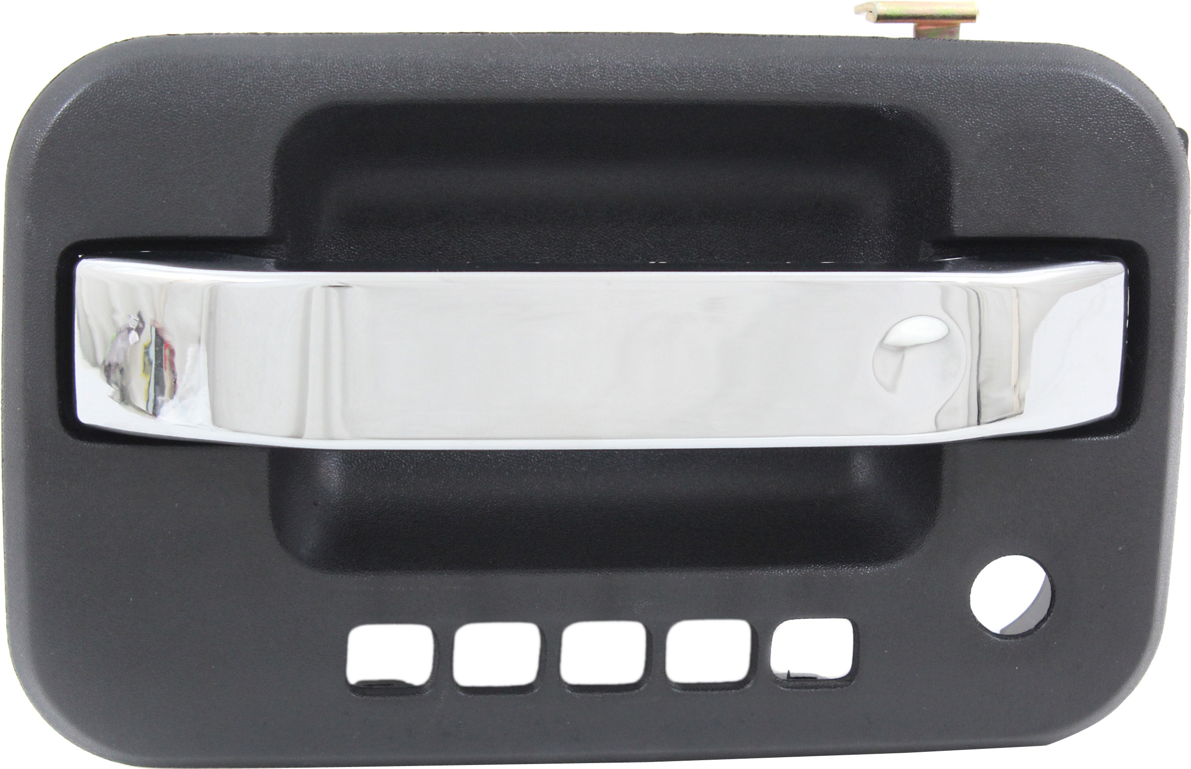 AM F 150-09-22 FRONT EXTERIOR DOOR HANDLE LH Chrome Lever Textured Black Housing w Keyhole and Keypad Hole w Metal Connector SKU RF49230052 OEM 9L3Z1522405AB