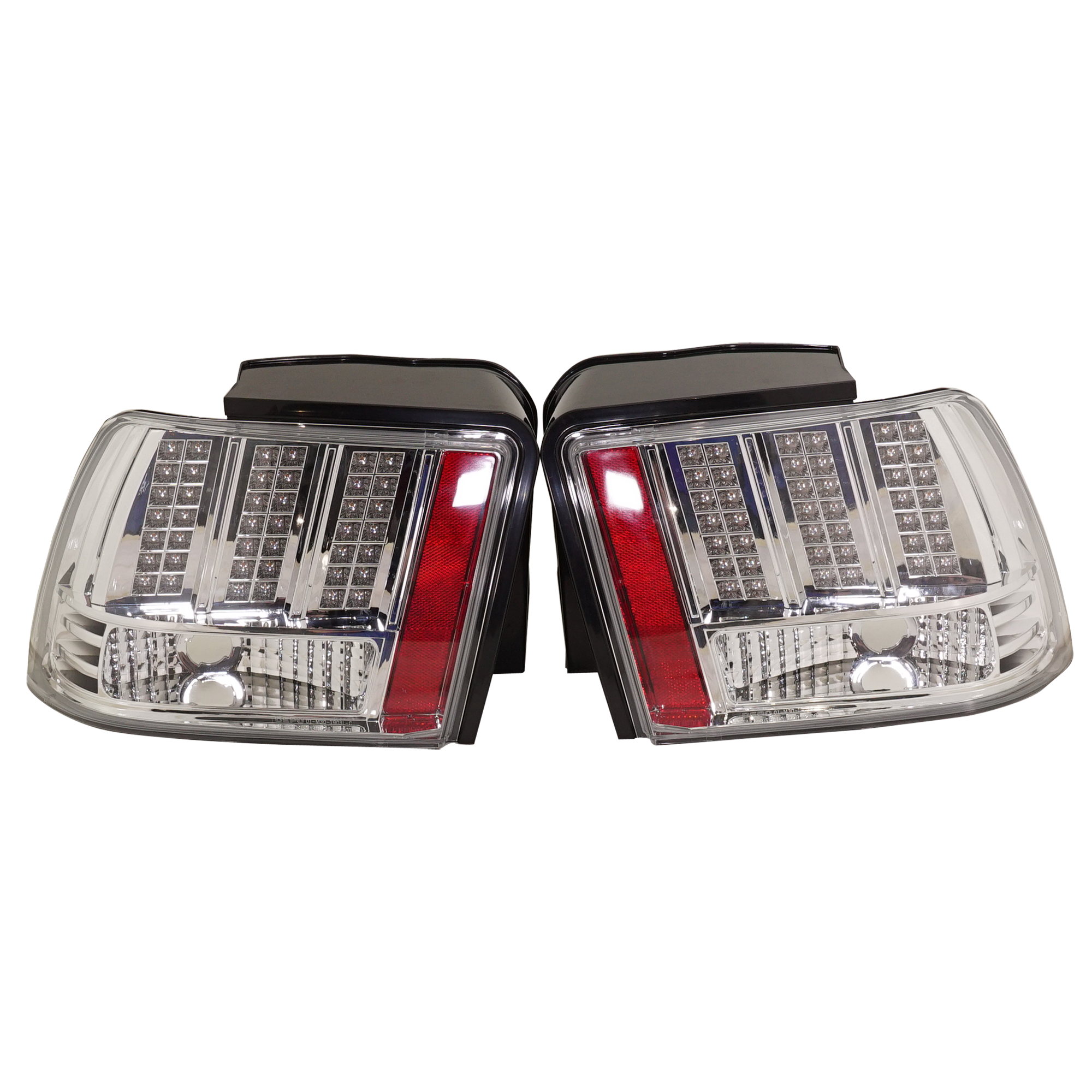 AM MUSTANG 99-04 TAIL LAMP RH AND LH Lens and Housing LED Chrome 2 Piece SKU RF73010055 Partslink FO2811188 OEM 3R3Z13404AA 3R3Z13405AA