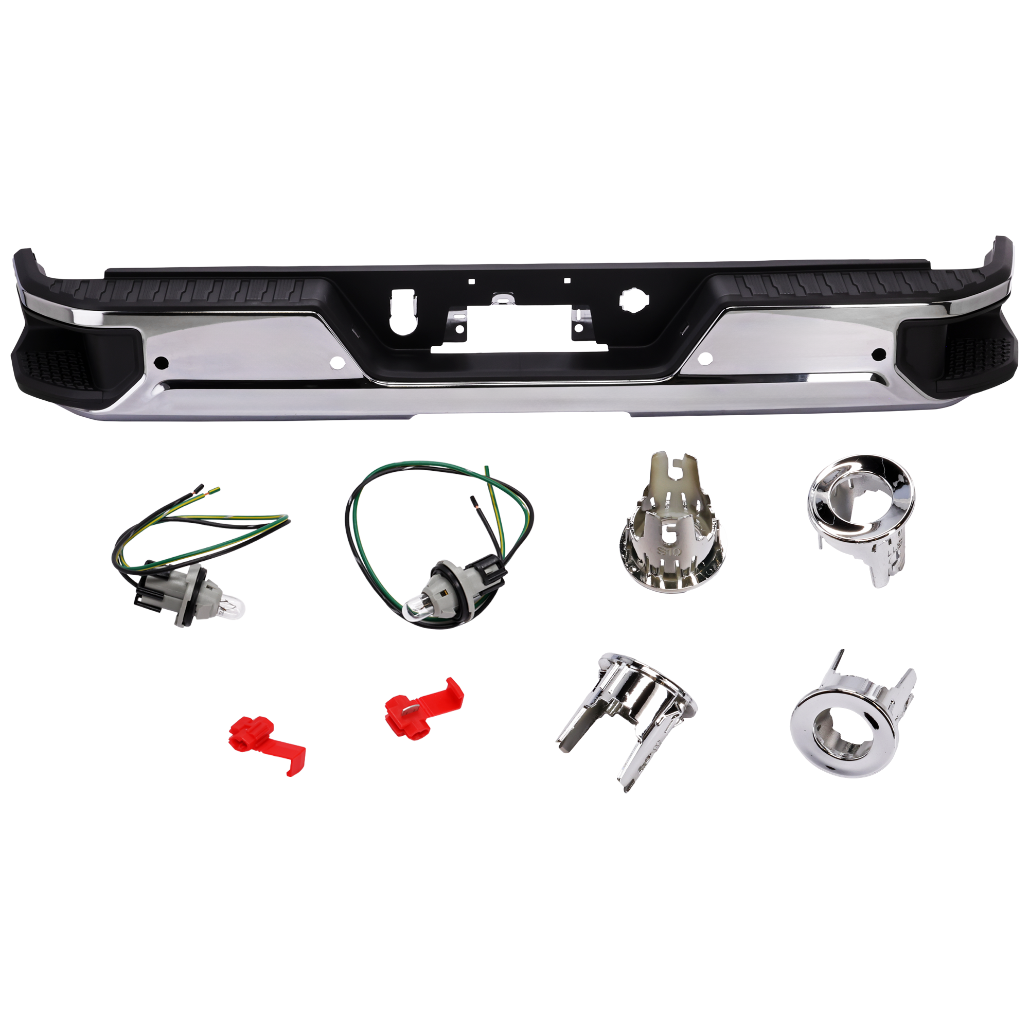 AM SIERRA SILVERADO 19-24 STEP BUMPER FACE BAR AND PAD w Bumper Insert Center Step Pad w o Park Assist Sensor Holes and License Lamp w Pad Provision w o Mounting Bracket Chrome w Blind Spot SKU RG82560013 Partslink GM1103216 OEM 84564757 PFM