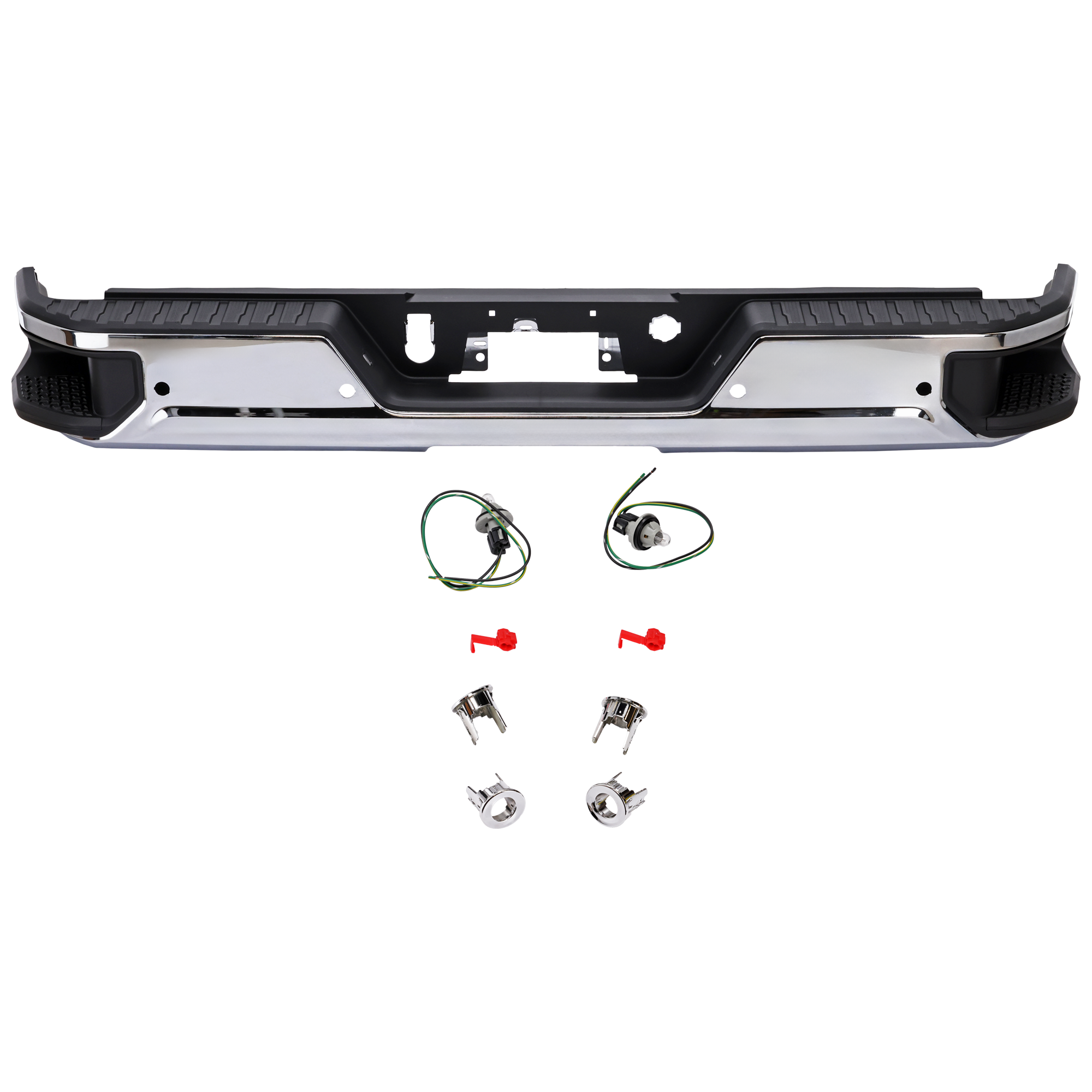 AM SIERRA SILVERADO 19-24 STEP BUMPER FACE BAR AND PAD w Bumper Insert Center Step Pad w Park Assist Sensor Holes and License Lamp w Pad Provision w o Mounting Bracket Chrome w Blind Spot S SKU RG82560014 Partslink GM1103217 OEM 84564757 PFM