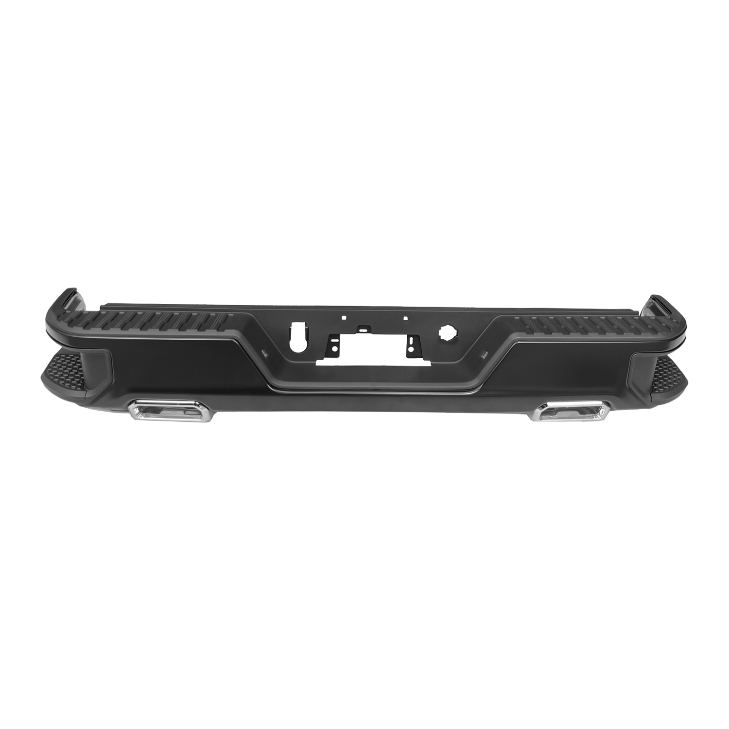 AM SIERRA SILVERADO 19-24 STEP BUMPER FACE BAR AND PAD w Bumper Insert Center Step Pad License Lamp and Sleeve w Pad Provision w o Mounting Bracket Black w Dual Exhaust Holes w o Blind Spot S SKU RG82560015 Partslink GM1103210 OEM 84574364 PFM