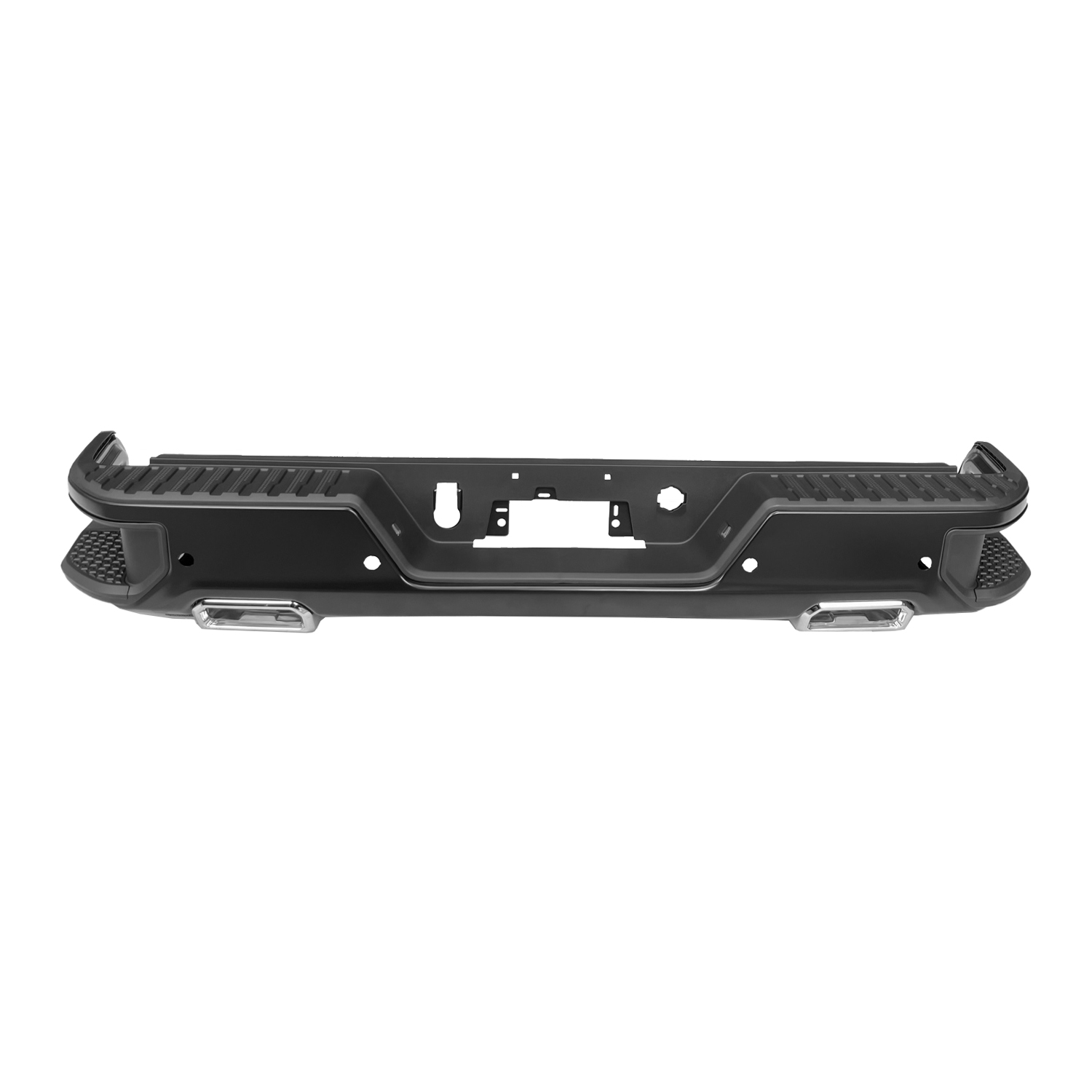 AM SIERRA SILVERADO 19-24 STEP BUMPER FACE BAR AND PAD w Bumper Insert Center Step Pad License Lamp and Sleeve w Pad Provision w o Mounting Bracket Black w Blind Spot Sensor Holes and Dual Exh SKU RG82560016 Partslink GM1103211 OEM 84574365 PFM