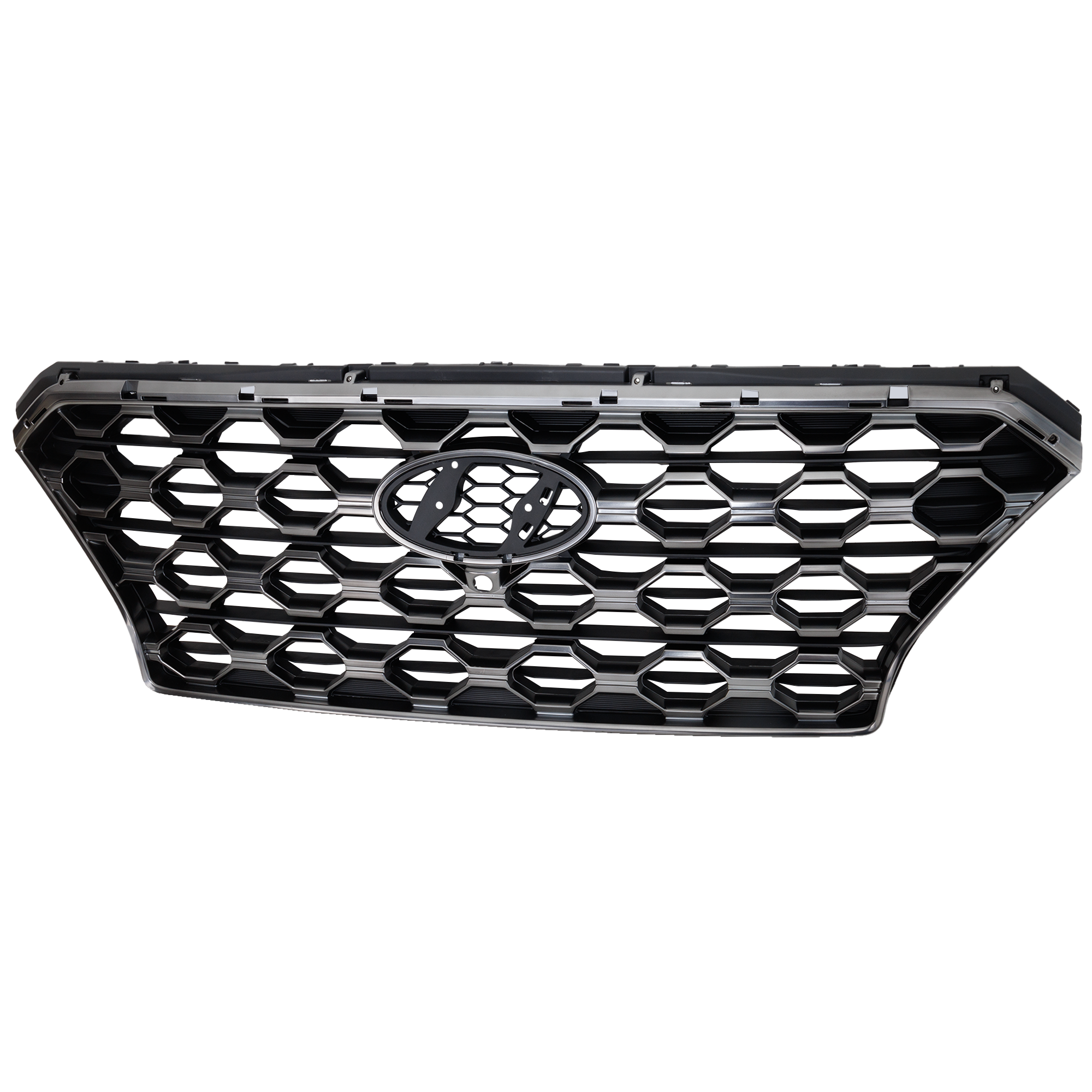 AM SANTA FE 19-20 GRILLE Painted Black Shell with Textured Dark Gray Insert w Front View Camera SKU RH07010041 Partslink HY1200221 OEM 86350S2110