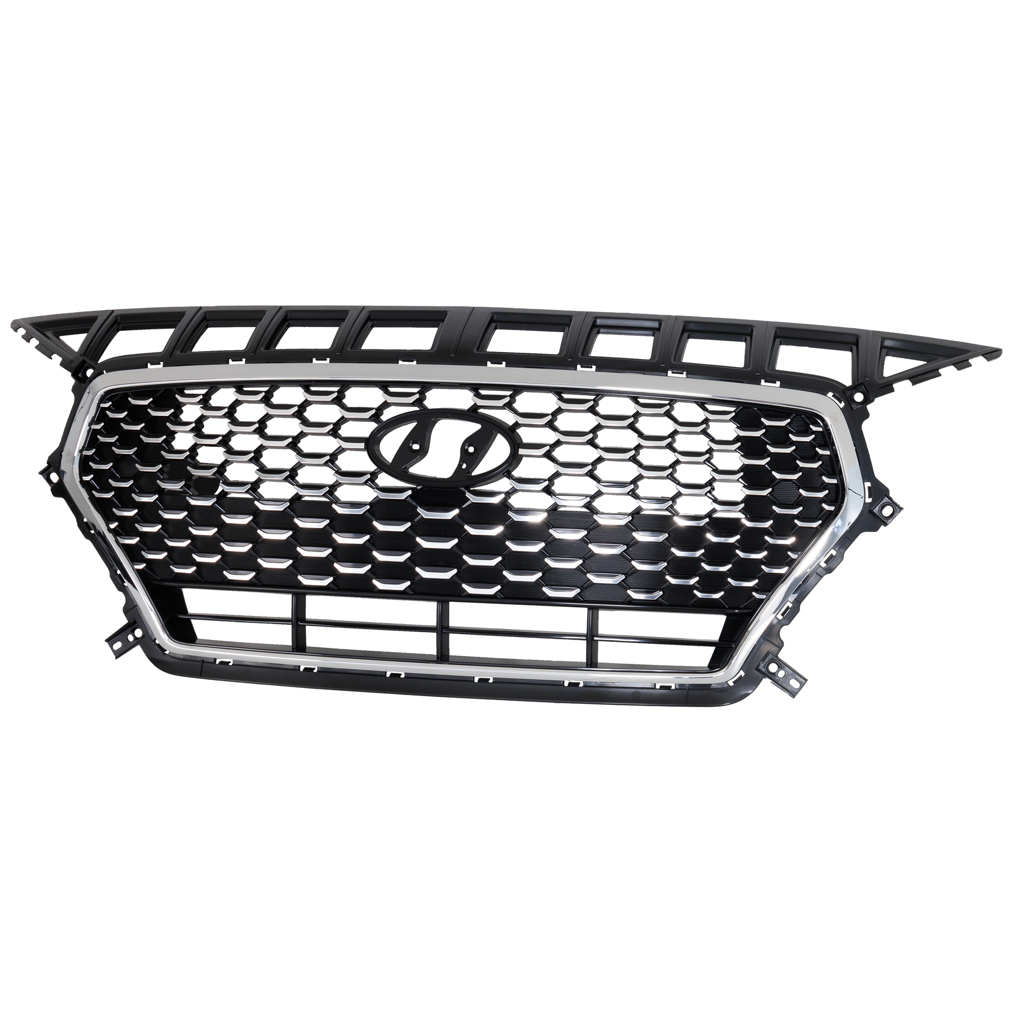 AM ELANTRA GT 18-20 GRILLE Painted Black w Chrome Frame Standard Design w o Intelligent Cruise Control CAPA SKU RH07010046Q Partslink HY1200224C OEM 86350G3010