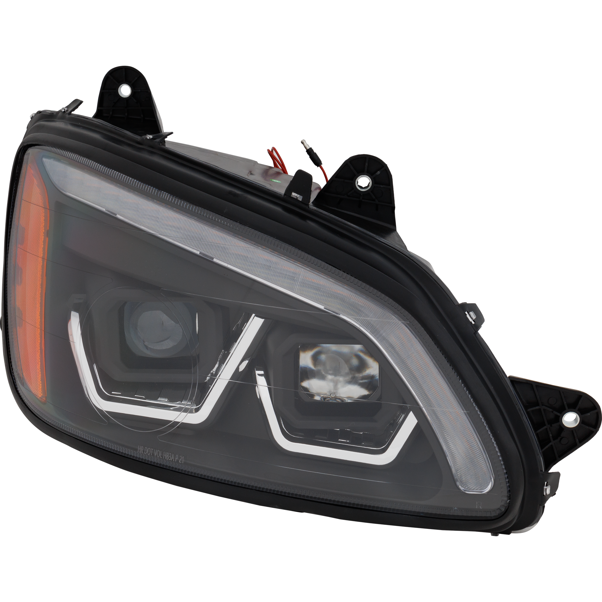 AM T660 HD TRUCK 08-16 HEAD LAMP RH Assembly Performance Halogen w Yellow White LED Black Strip 12V SKU RK10010075 HDA OEM P541059100R