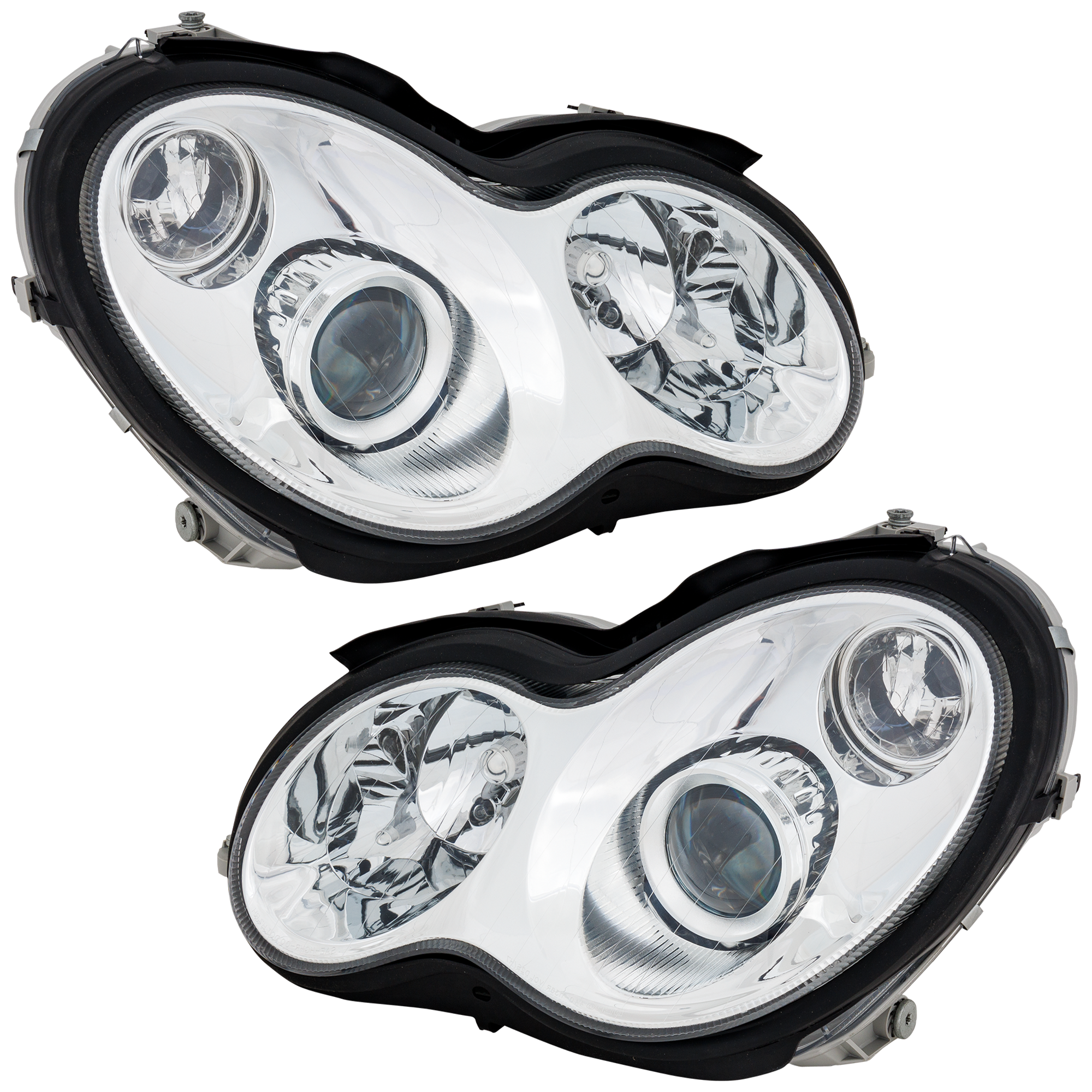 AM C CLASS 05-07 HEAD LAMP RH AND LH Assembly Halogen Chrome Bezel Sedan Wagon 2 PIece SKU RM10010032 Partslink MB2505109 OEM 2038201559-2038201659