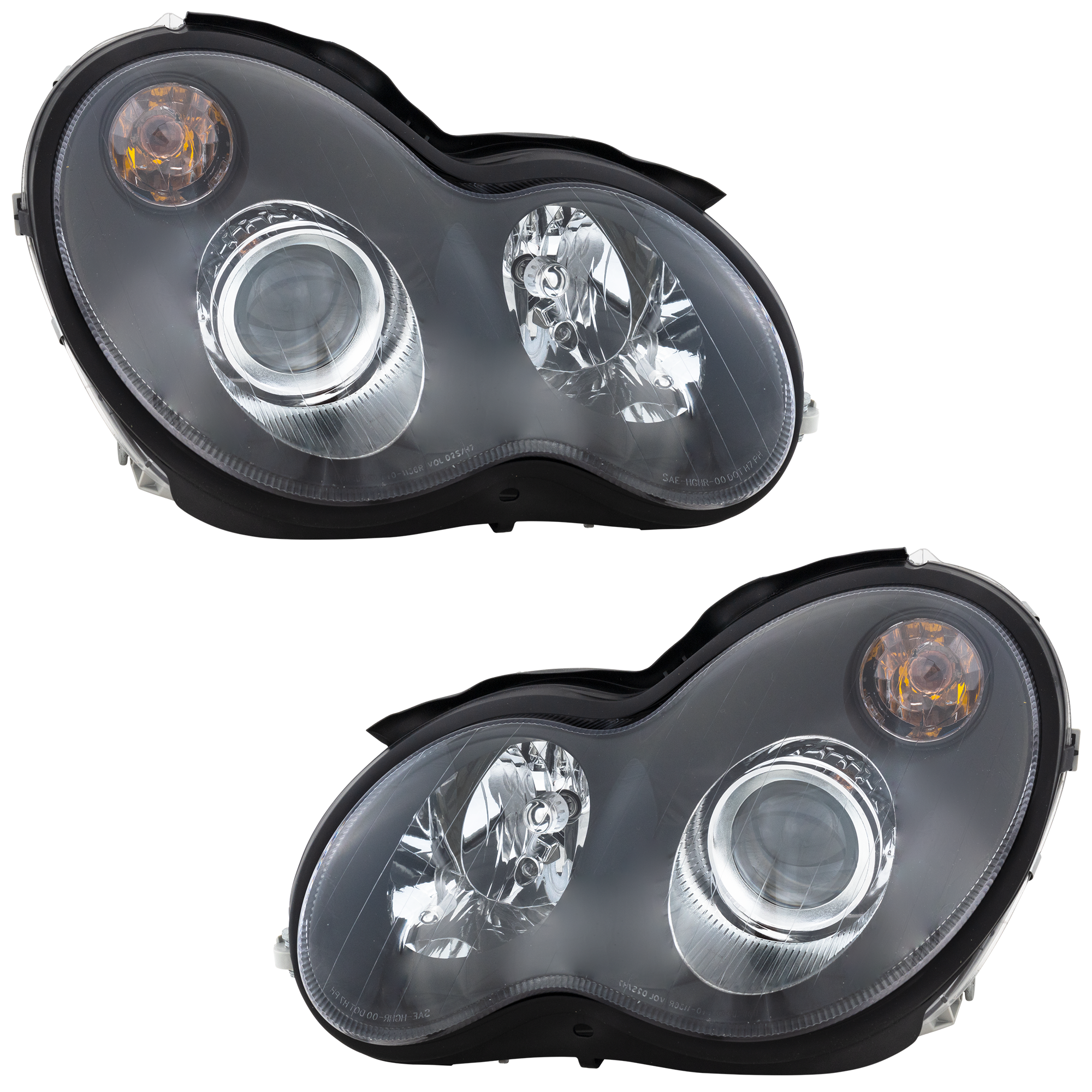 AM C CLASS 05-07 HEAD LAMP RH AND LH Assembly Halogen Black Bezel Sedan Wagon 2 Piece SKU RM10010033 Partslink MB2505112 OEM 2038201559-2038201659