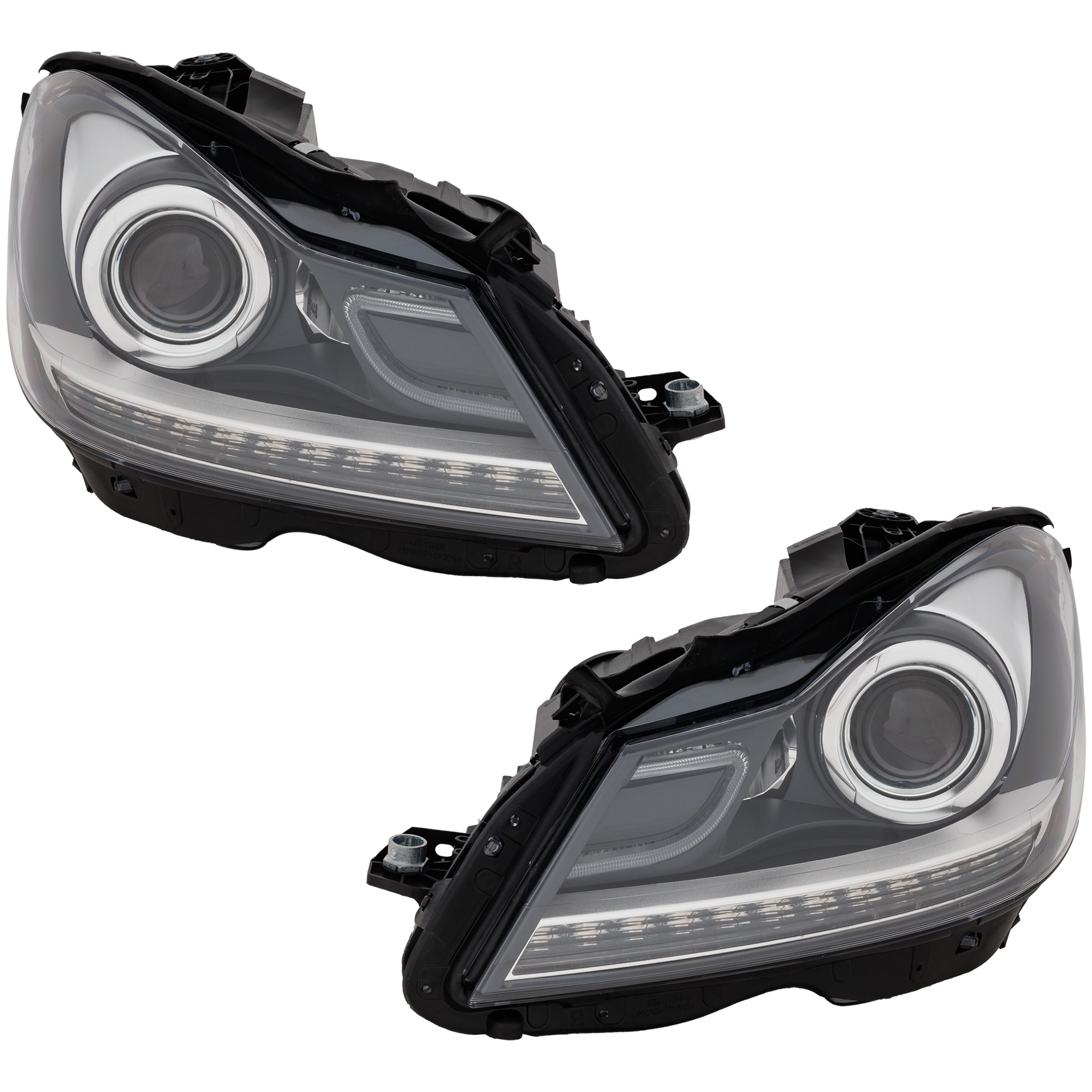 AM C CLASS 12-14 PROJECTOR HEAD LAMP RH AND LH Assembly Halogen Black Interior w LED DRL w o Corner Light Coupe SKU RM10200001 Partslink MB2505110 OEM Performance