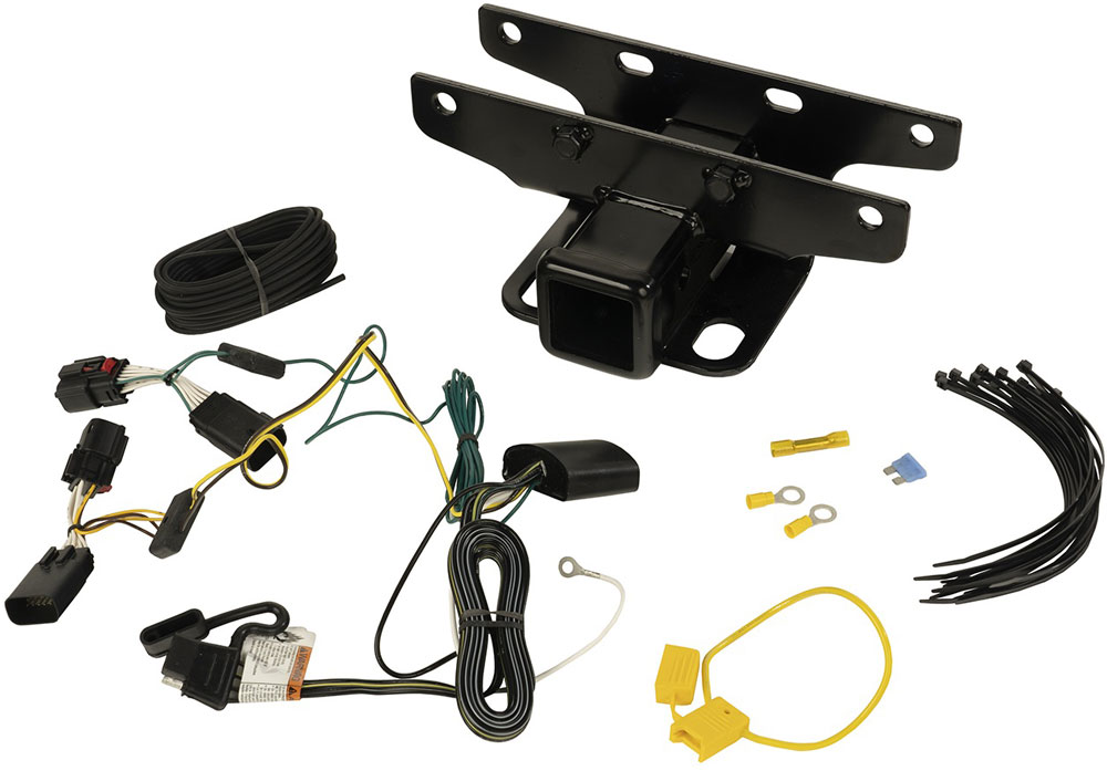 AM Receiver Hitch Kit. This receiver hitch with 2 inch receiver openming bolts to the Jeeps frame includes wiring harness for a trouble free bolt on installation. This Class 2 receiver has 3-500 lb. tow SKU RR1158057