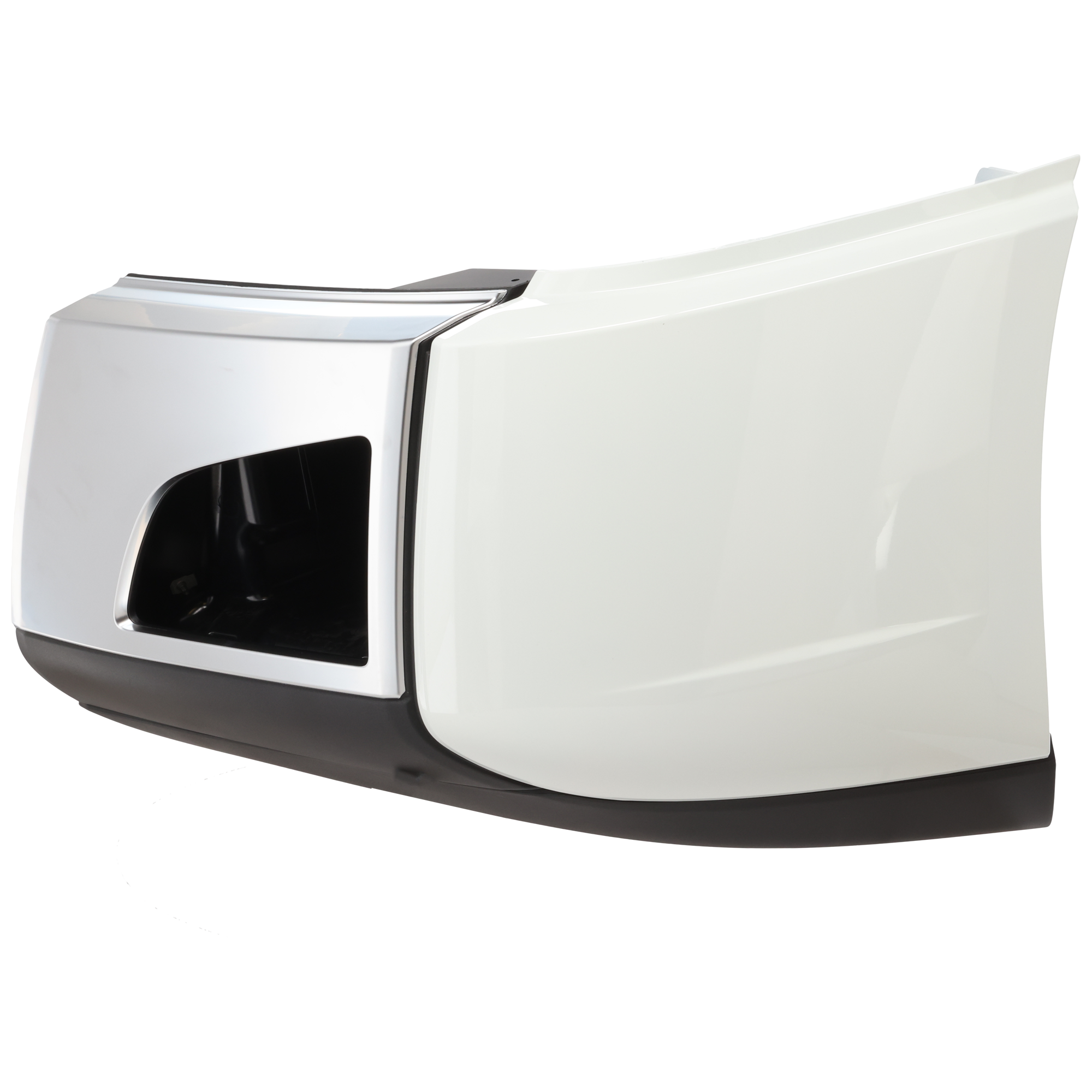AM VOLVO HD VNL 18-23 FRONT BUMPER END LH Chrome Front White Side Black Bottom SKU RV01110024 HD OEM 82750327