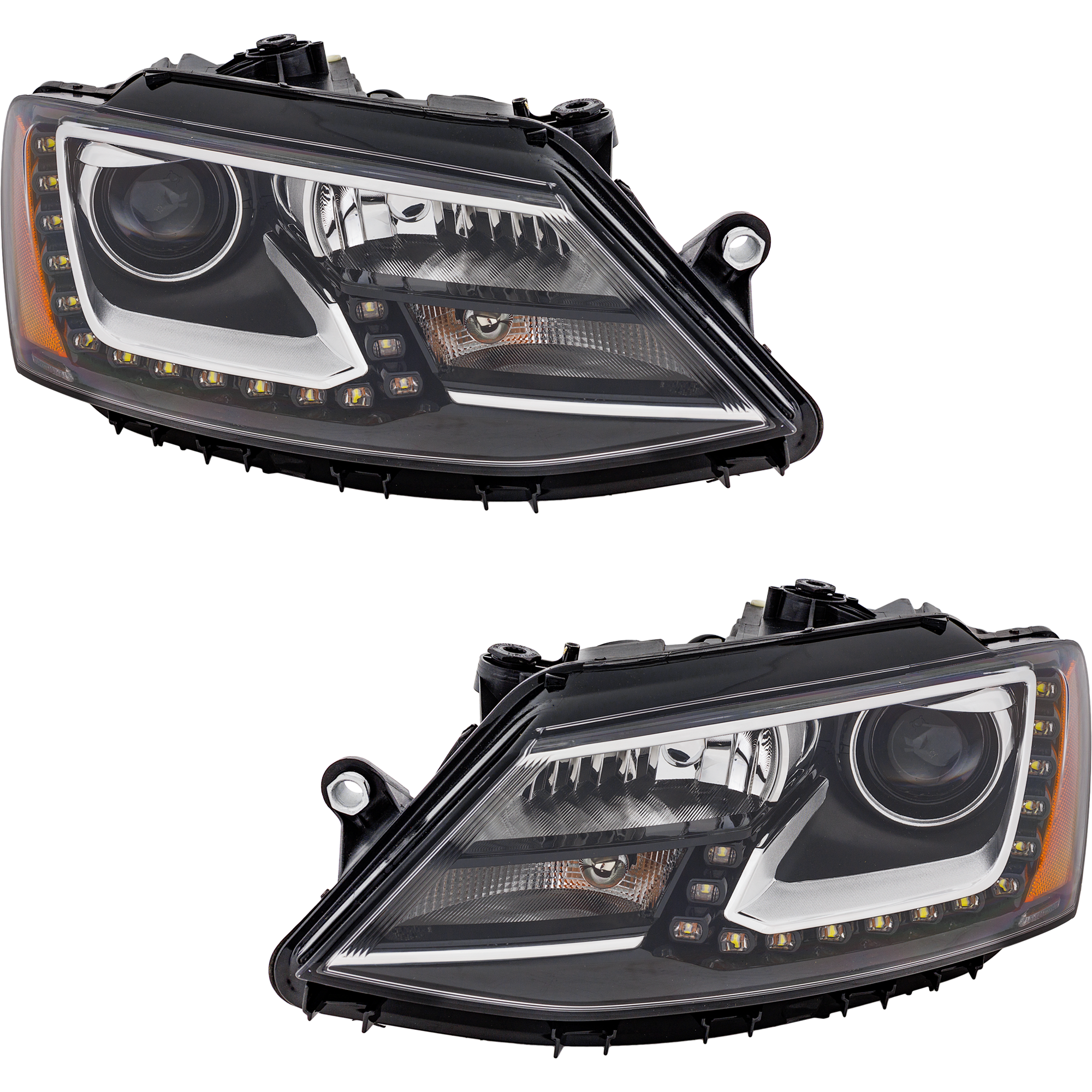 AM JETTA 11-14 HEAD LAMP RH AND LH Assembly Halogen Projector Type w LED Daytime Running Light Sedan SKU RV10010023 Partslink VW2505111 OEM Performance