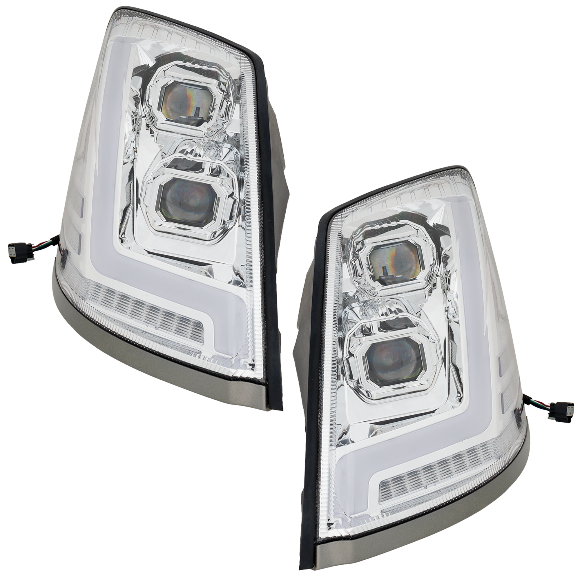 AM VOLVO HD VNL 04-15 HEAD LAMP RH AND LH Lens and Housing LED Chrome Interior Diamond Design w Side Marker Lights and LED Strip 12V SKU RV10010026 HD OEM 82329590-82329592