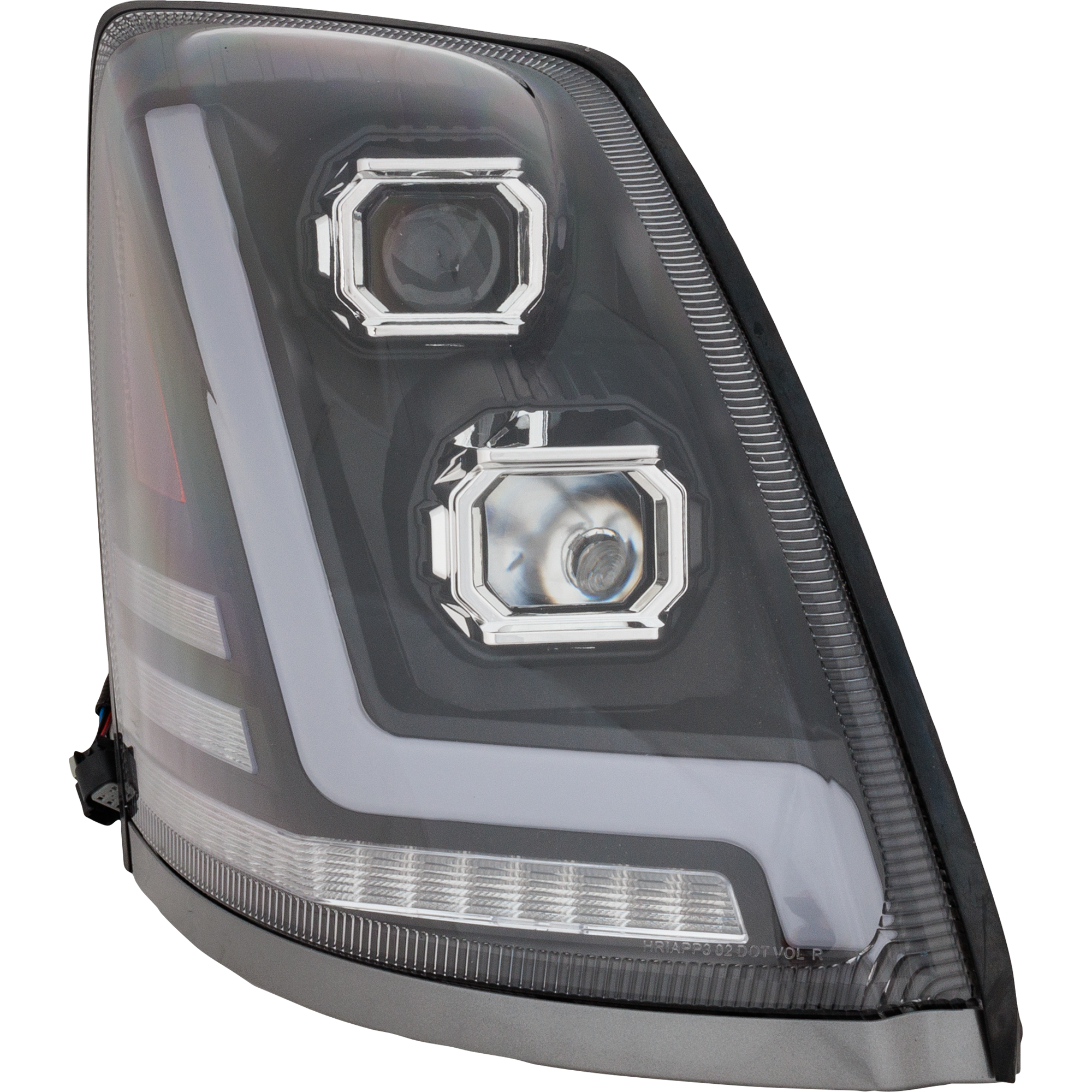 AM VOLVO HD VNL 04-15 HEAD LAMP RH Lens and Housing Halogen Black Interior Performance w LED Strip 12V SKU RV10010031 HDU OEM Heavy Duty