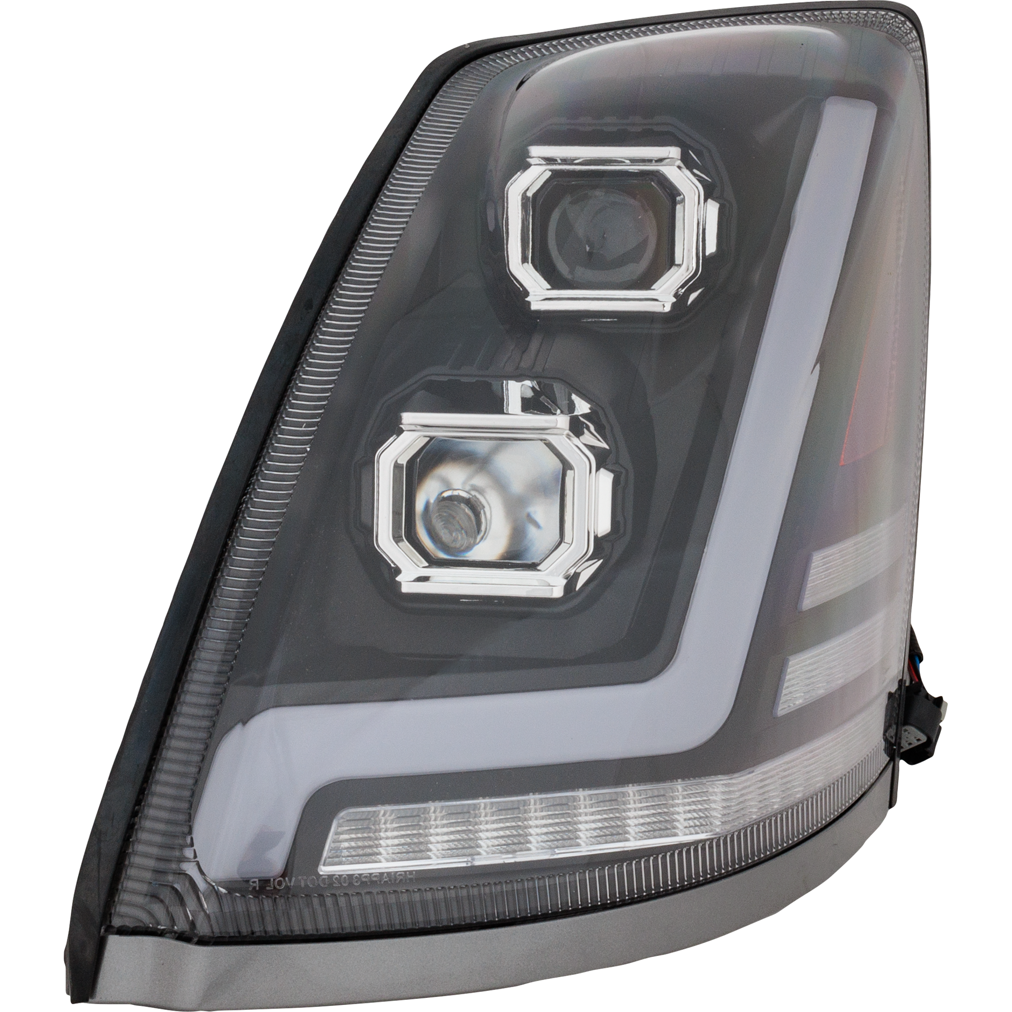 AM VOLVO HD VNL 04-15 HEAD LAMP LH Lens and Housing Halogen Black Interior Performance w LED Strip 12V SKU RV10010032 HDU OEM Heavy Duty