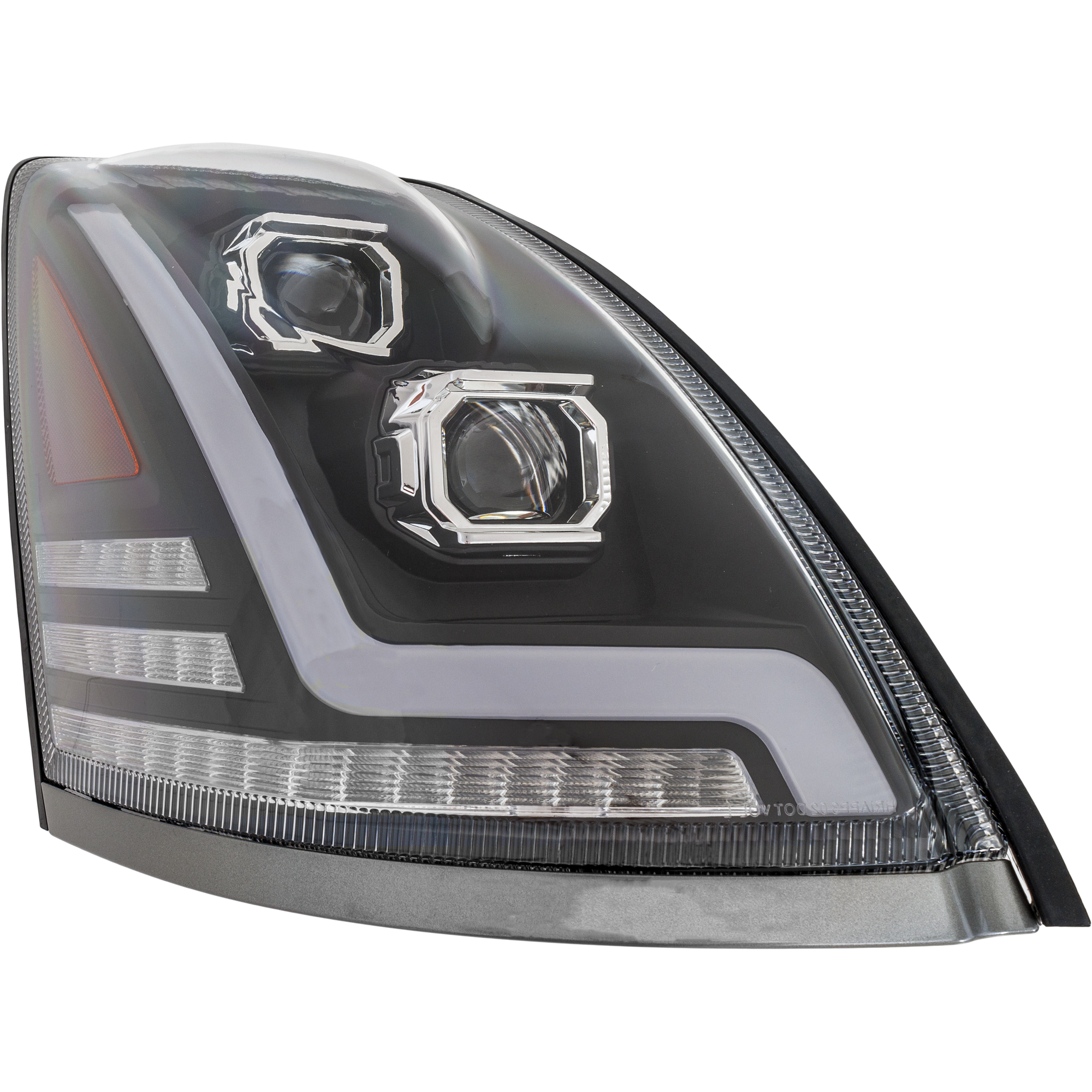 AM VOLVO HD VNL 04-15 HEAD LAMP RH Assembly Halogen Black Interior Performance w LED Strip 12V SKU RV10010051A HD OEM 82329127-20817108-20835985-204