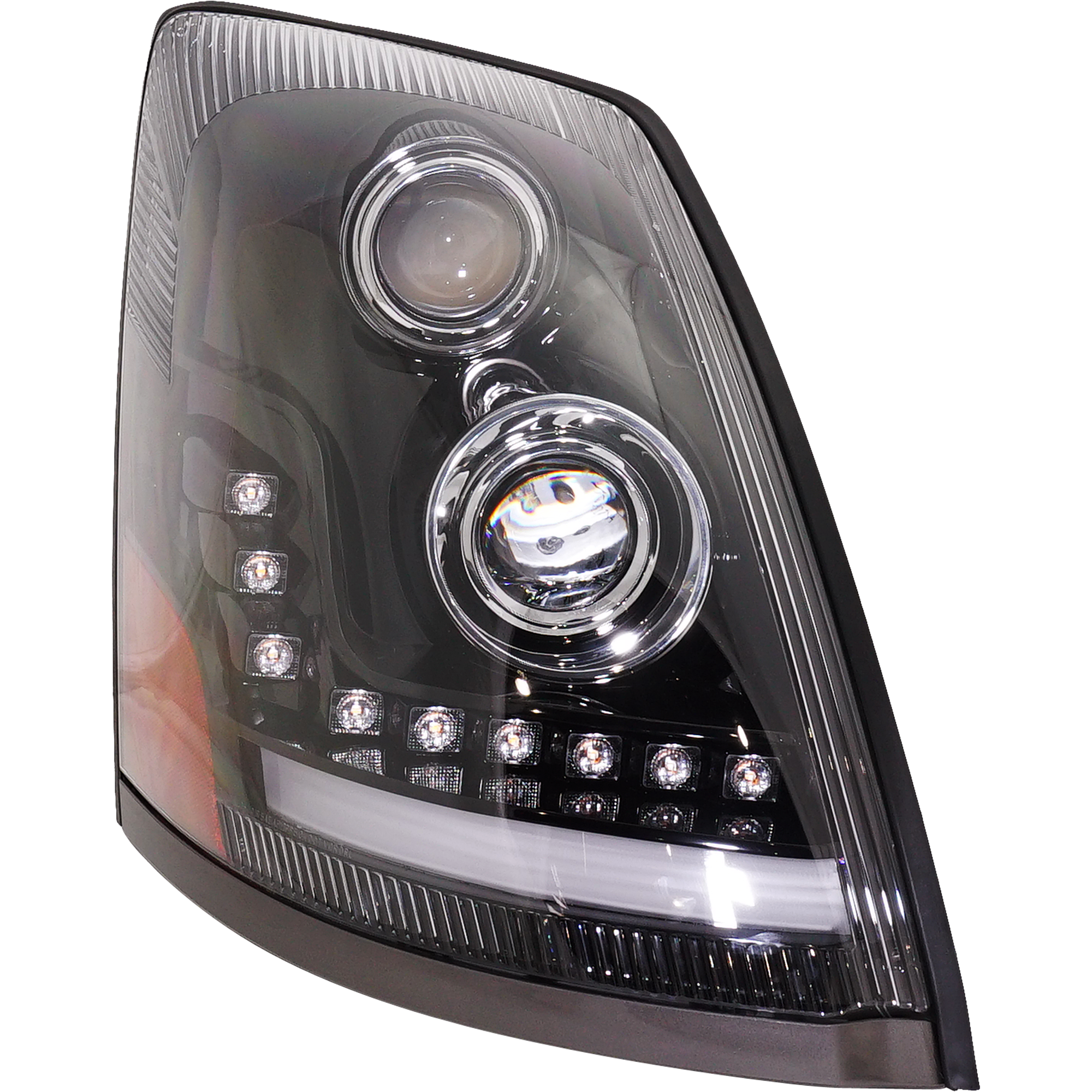 AM VOLVO HD VNL VNM 04-17 PROJECTOR HEAD LAMP RH Assembly LED Black Interior w LED Daytime Running Light SKU RV10360001 HD OEM 82329127 PFM