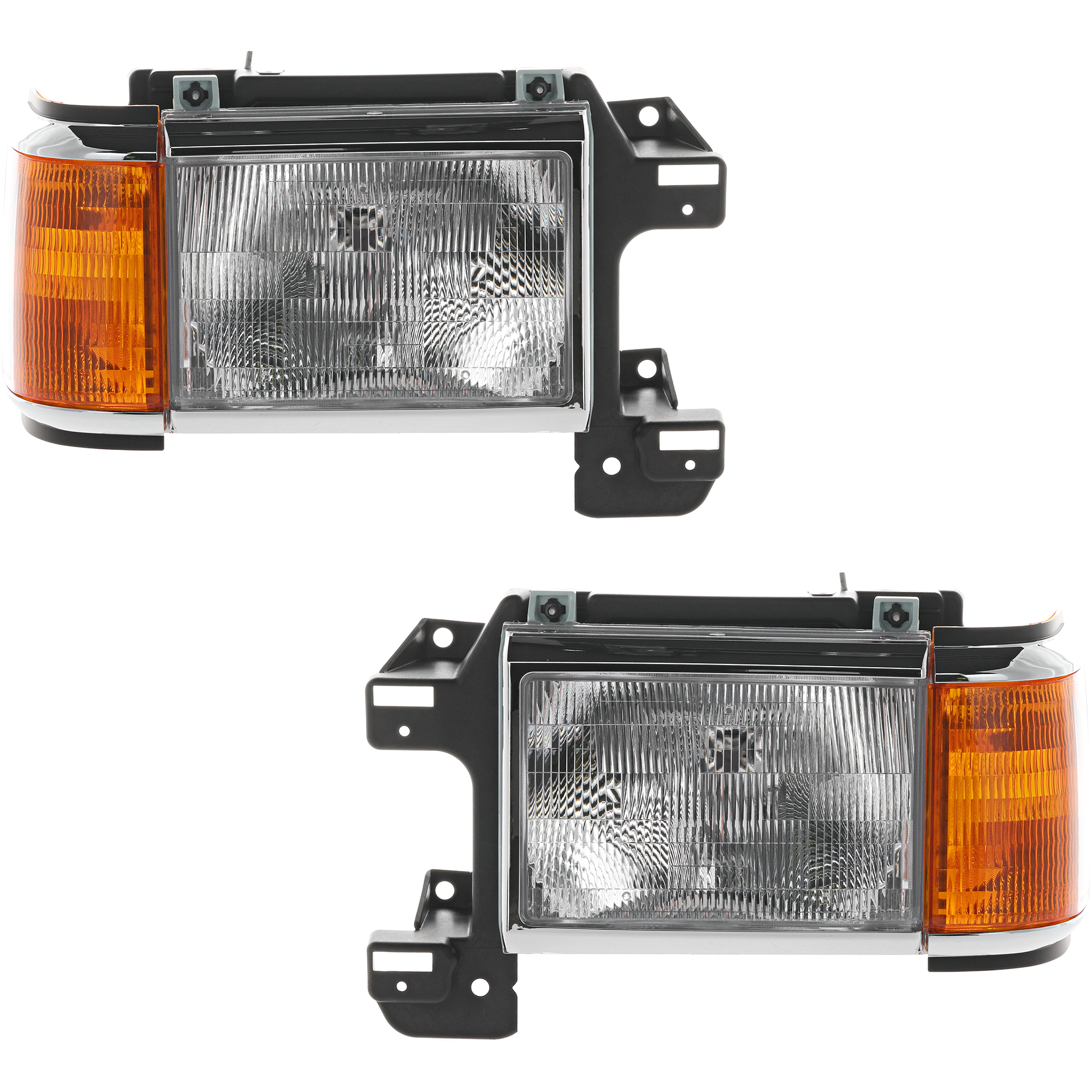 AM F SERIES 87-91 HEAD LAMP RH AND LH Assembly Halogen w Side Marker Lamp w Chrome Trim SKU SET 20-1608-00 Partslink FO2502105 FO2503105 OEM E9TZ13008F E9TZ13008E
