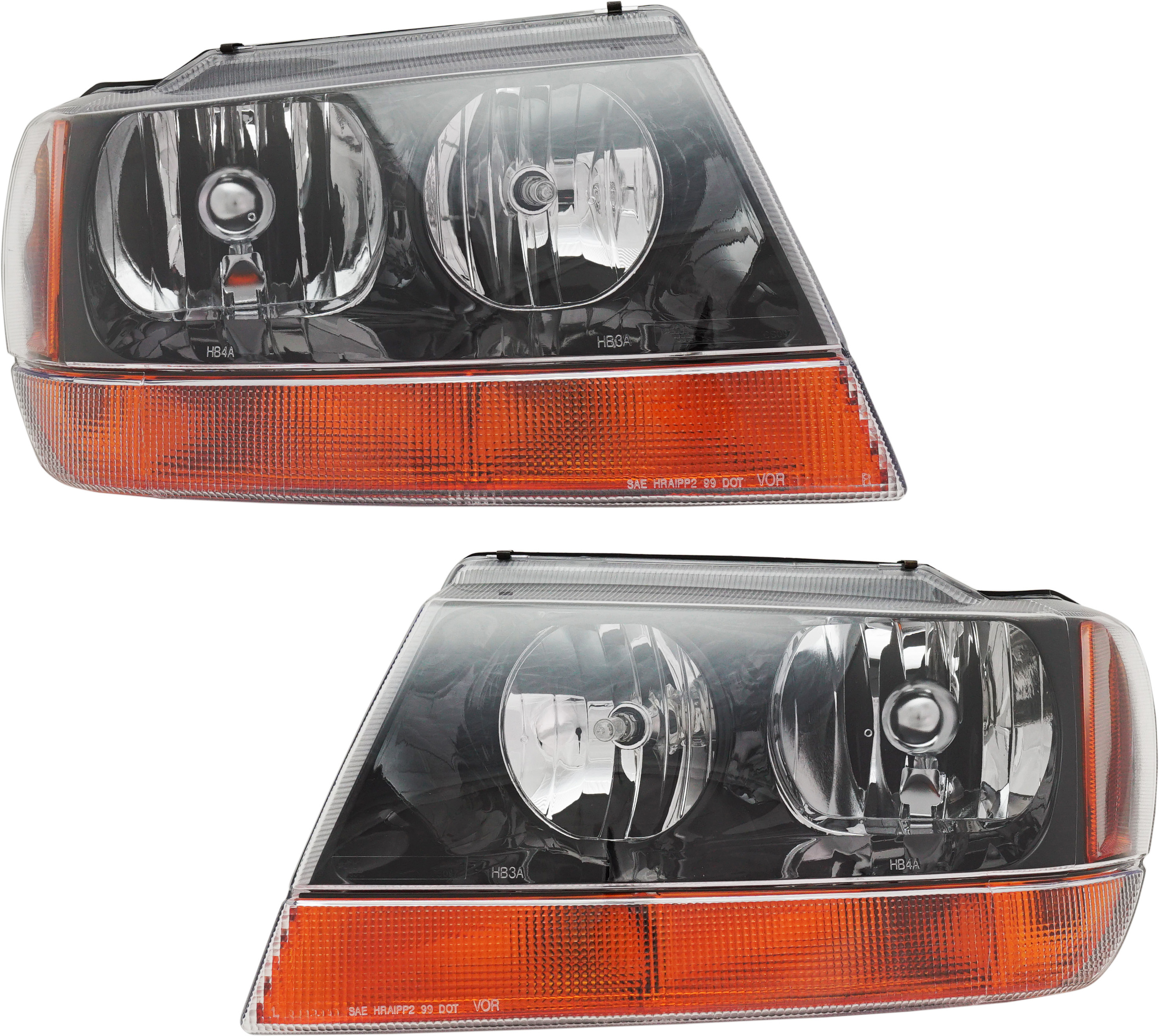 AM GRAND CHEROKEE 99-04 HEAD LAMP RH AND LH Assembly Halogen Black Interior Laredo Sport Models To 01-14-2002 SKU SET 20-5575-01 Partslink CH2502121 CH2503121 OEM 5103400AA 5103401AA
