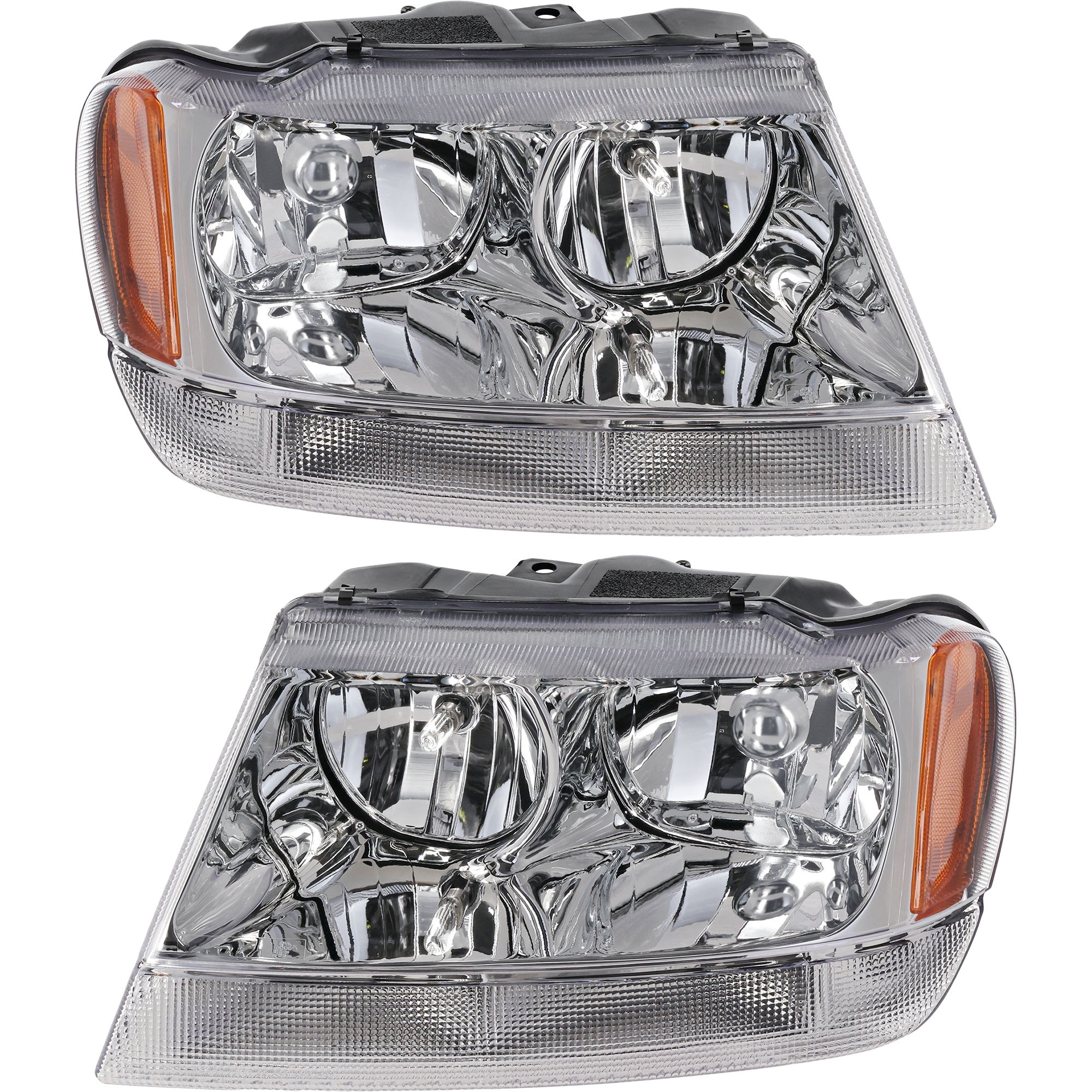 AM GRAND CHEROKEE 99-04 HEAD LAMP RH AND LH Assembly Halogen Chrome Interior Limited Overland Models SKU SET 20-5575-91 Partslink CH2502120 CH2503120 OEM 55155552AI 55155553AI