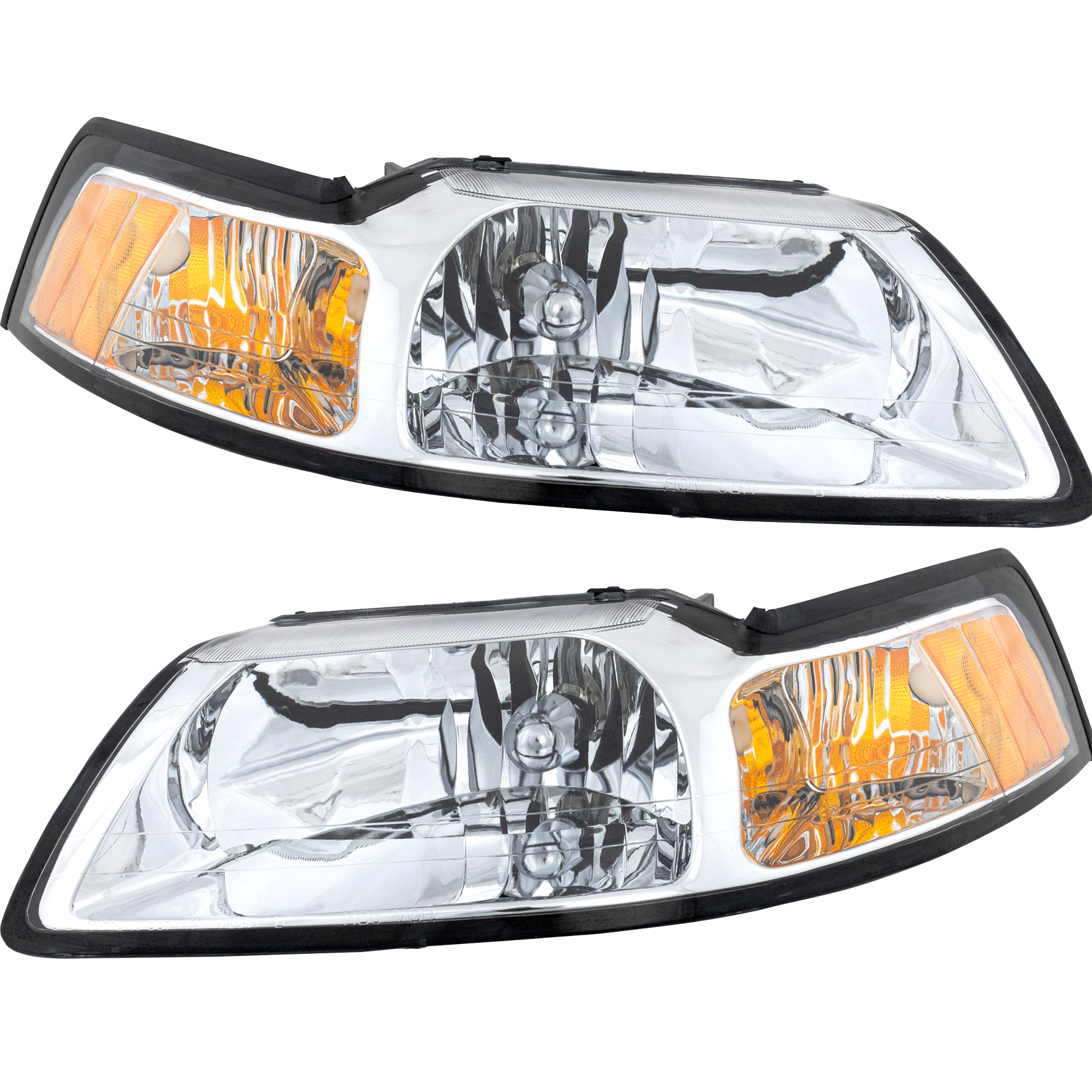 AM MUSTANG 99-00 HEAD LAMP RH AND LH Assembly Halogen Chrome Interior SKU SET 20-5695-01 Partslink FO2503160 FO2502160 OEM YR3Z13008AA YR3Z13008BA