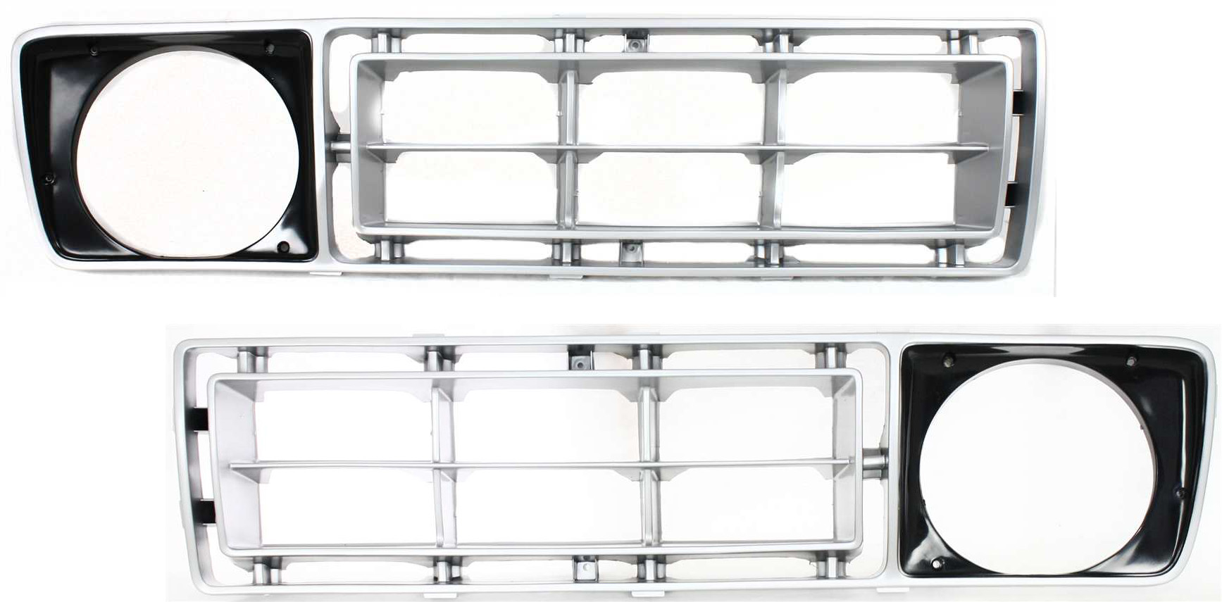 AM F SERIES 76-77 GRILLE RH AND LH Silver w round headlight holes w o emblem provision SKU SET 7713 Partslink FO1200106 FO1200107 OEM D6TZ8150A D6TZ8151A