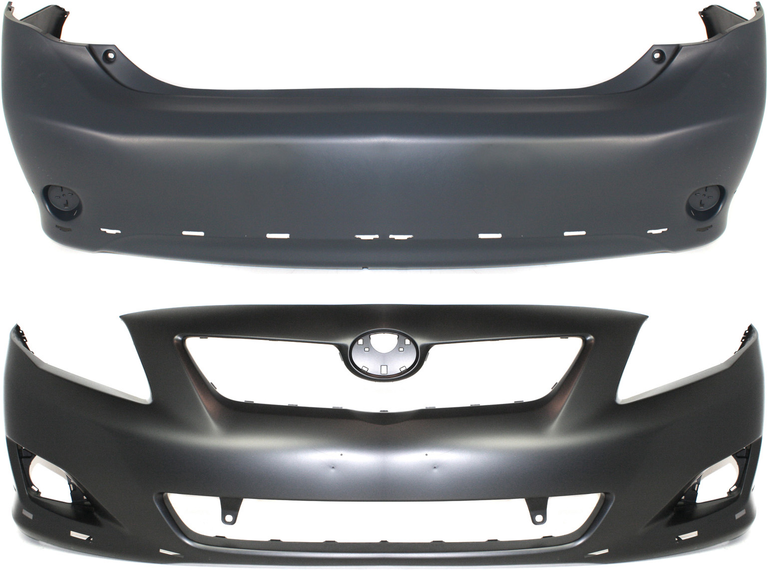 AM COROLLA 09-10 FRONT AND REAR BUMPER COVER Set of 2 Primed w Spoiler Holes S XRS Models SKU SET ARBT010307P 2 Partslink TO1000342 TO1100265 OEM 5211902989-5215902964