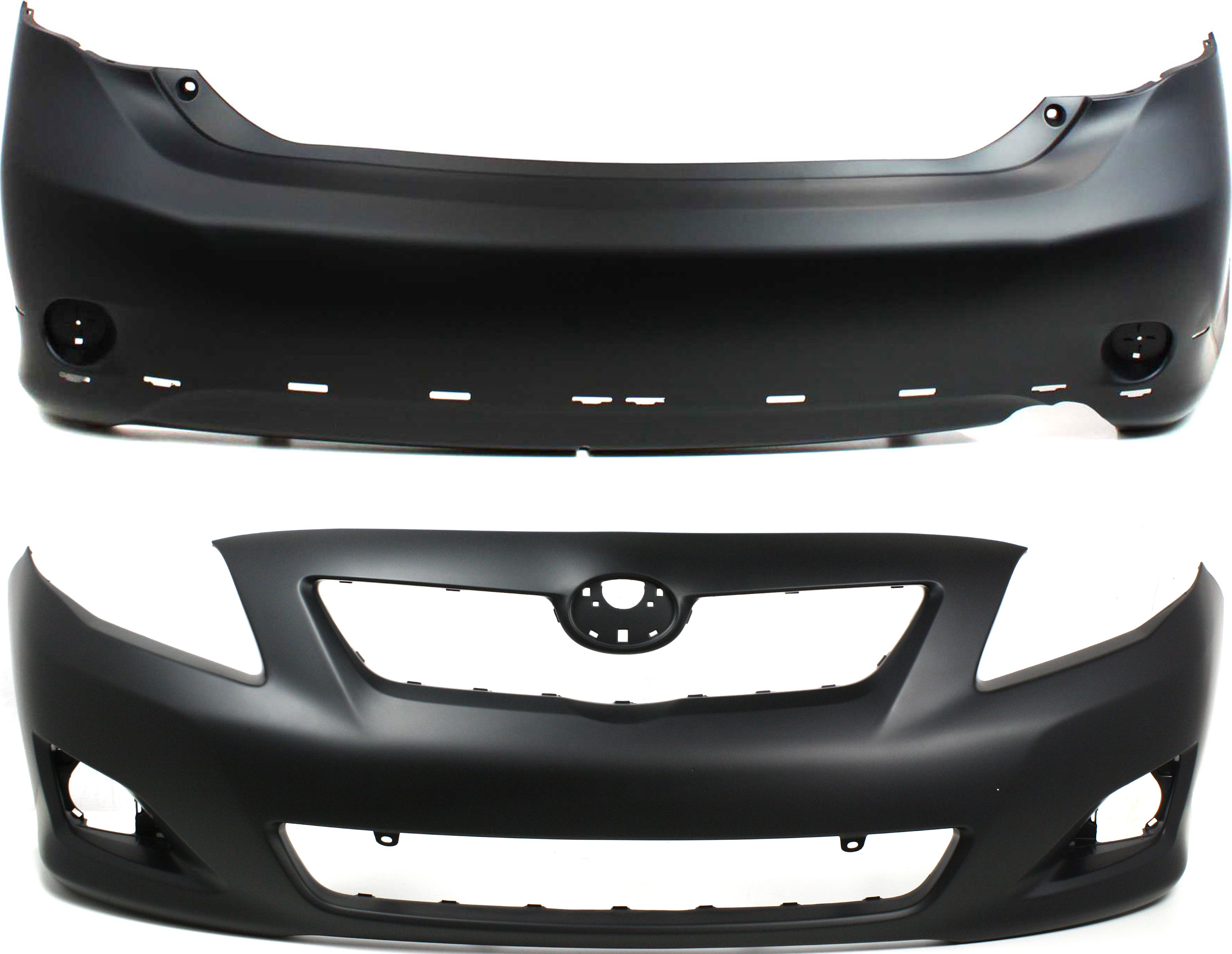 AM COROLLA 09-10 FRONT AND REAR BUMPER COVER Set of 2 Primed w Spoiler Holes S XRS Models CAPA SKU SET ARBT010307PQ 2 Partslink TO1000342C TO1100265C OEM 5211902989-5215902964