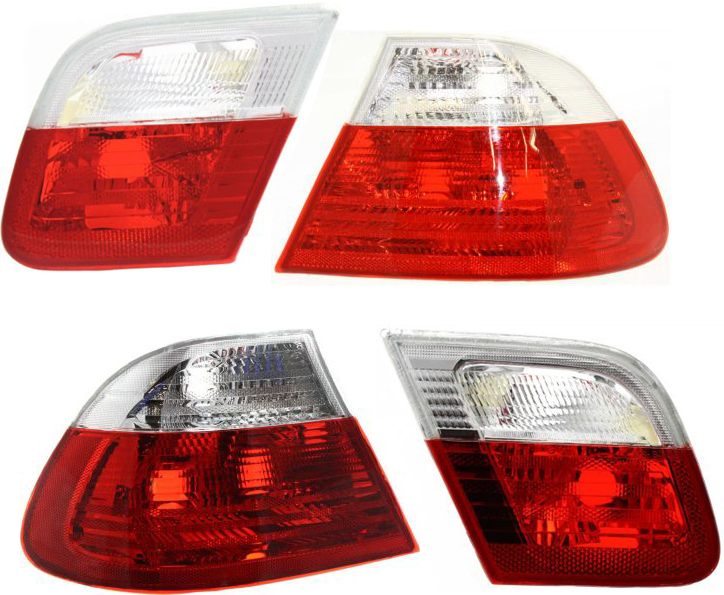 AM 3 SERIES 00-03 TAIL LAMP RH AND LH Inner and Outer Clear Red Lens SKU SET B730101-4 Partslink BM2801108 BM2800108 BM2883102 BM2882102 OEM 63218383826-63218383825-632183