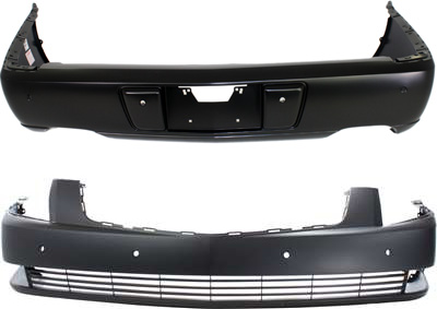 AM DTS 06-11 FRONT AND REAR BUMPER COVER Primed w Obj Snsr Holes SKU SET C010385P 2 Partslink GM1000813 GM1100776 OEM 15213398-15213402-20823614