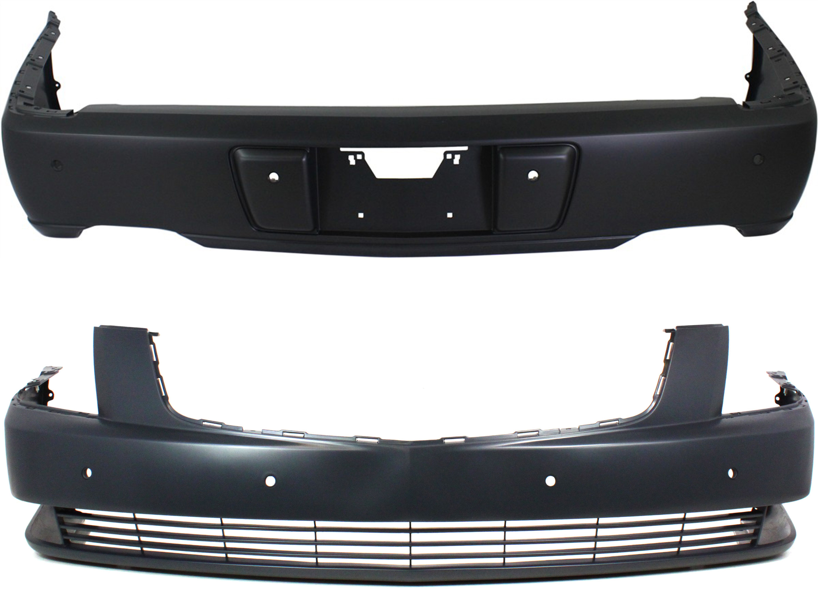 AM DTS 06-11 FRONT AND REAR BUMPER COVER Primed w Obj Snsr Holes CAPA SKU SET C010385PQ 2 Partslink GM1000813C GM1100776C OEM 152-133-981-521-340-000-000-000