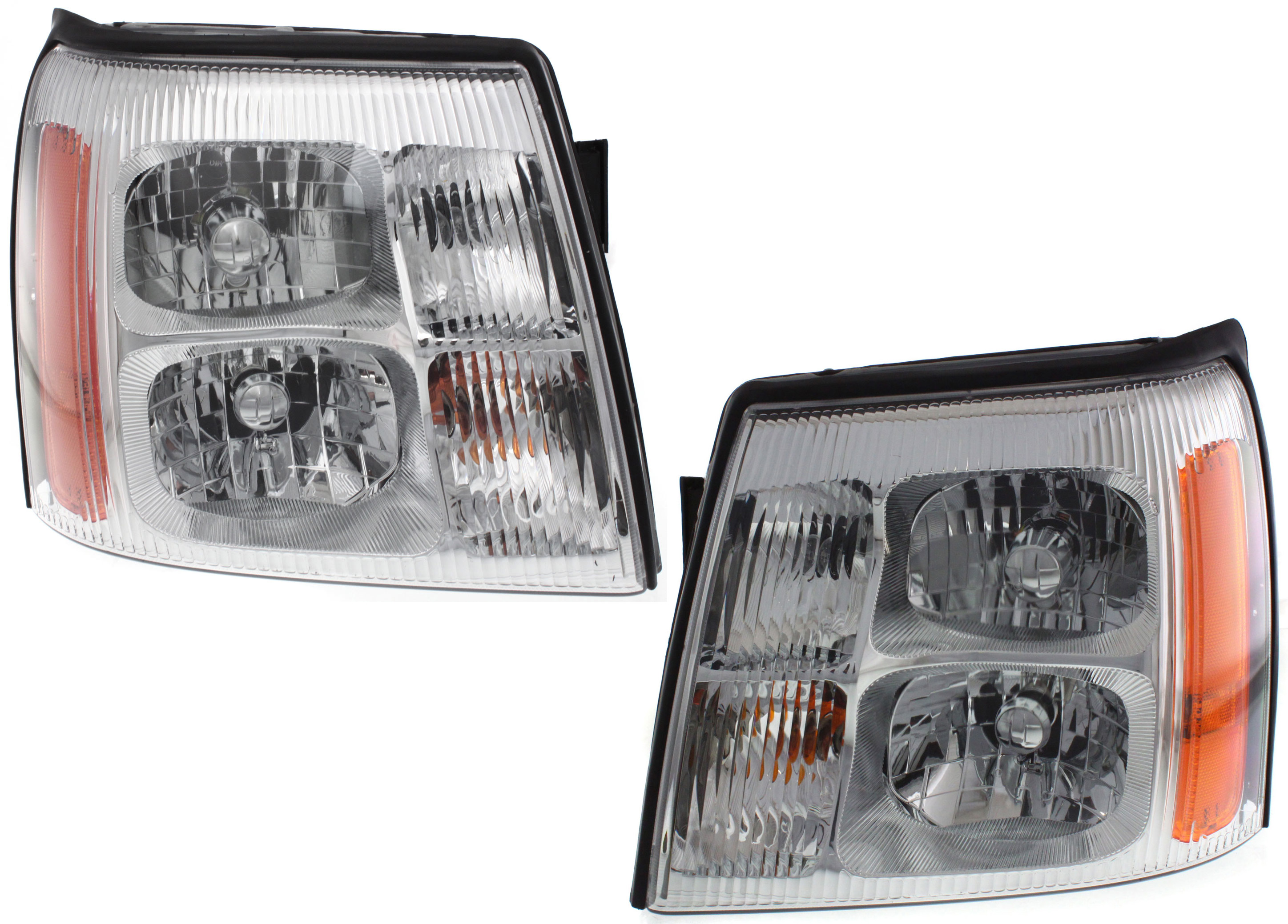 AM ESCALADE 03-06 HEAD LAMP RH AND LH Lens and Housing HID Xenon Without HID Kit w Regular High Beam Corner Lamp Bulbs SKU SET C100151 Partslink GM2502236 GM2503236 OEM 19208222-19208223