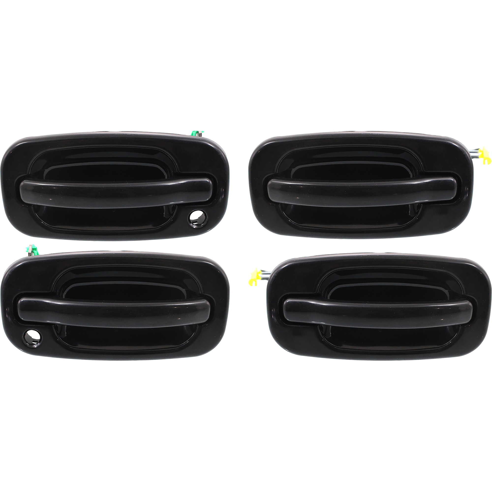 AM TAHOE YUKON 00-06 EXTERIOR DOOR HANDLE Set of 4 Front and Rear RH and LH Smooth Black Front w Key Hole Rear w o Key Hole SKU SET C491311-4 Partslink GM1311140 GM1310140 GM1521117 GM1520117 OEM 15150736-19245506-15150735-192