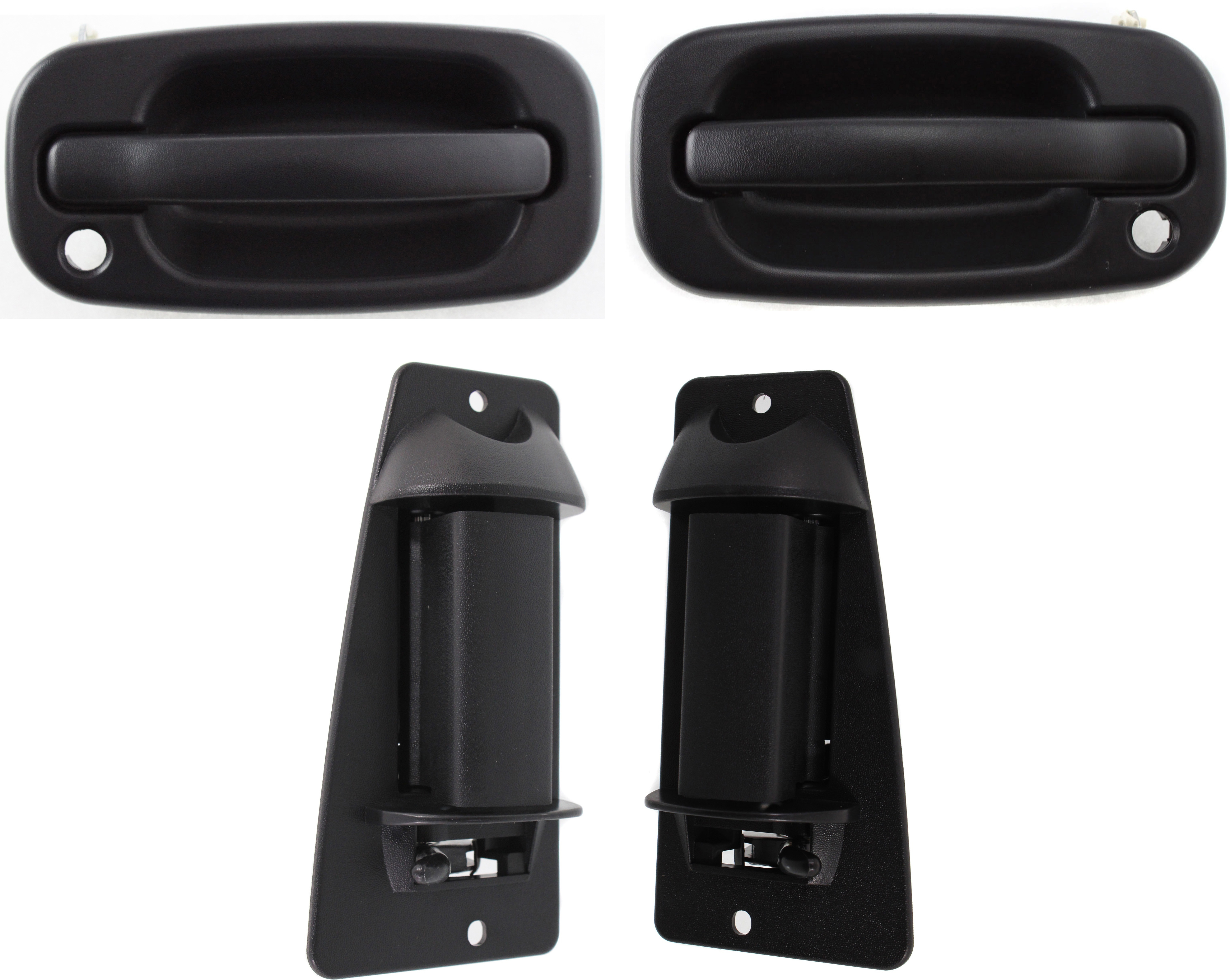 AM SILVERADO SIERRA 99-06 FRONT AND REAR EXTERIOR DOOR HANDLE RH AND LH Textured Black Lever Textured Black Housing Front w Key Hole Rear w o Key Hole SKU SET C491329-4 Partslink GM1311129 GM1310129 GM1521115 GM1520115 OEM 15034986-15758171-15758172-193
