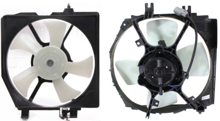 AM PROTEGE 99-00 RADIATOR AND A C CONDENSER FAN ASSEMBLY SKU SET CF 019 Partslink MA3113106 MA3115112 OEM B59515035C ZL0415025C