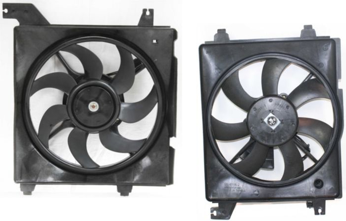 AM ELANTRA 01-06 TIBURON 03-08 COOLING FAN ASSEMBLY Set of 2 A C Fan and Radiator Fan Shroud Assembly SKU SET CF 023 Partslink HY3115105 HY3113105 OEM 253502D001-977302C000