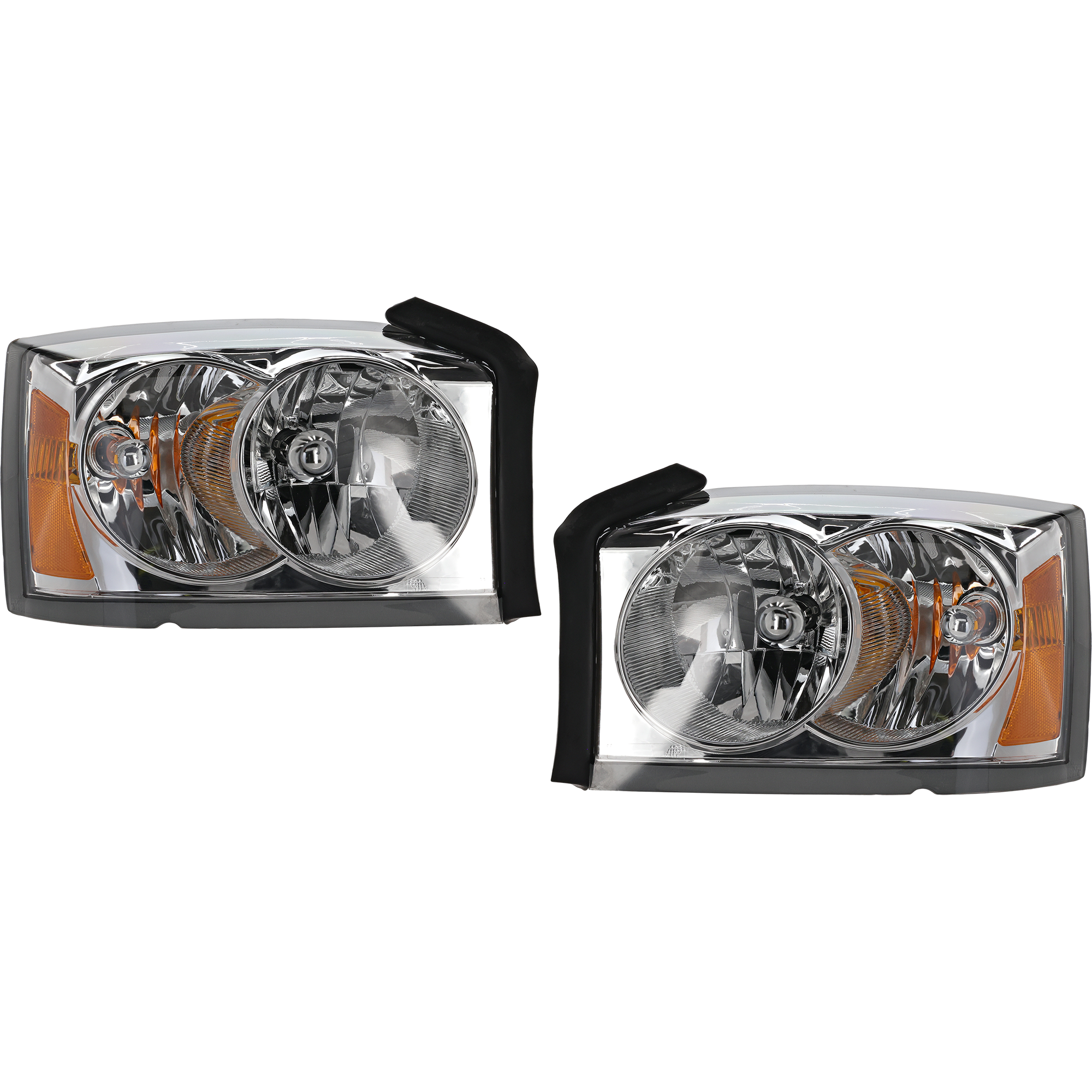 AM DAKOTA 05-07 HEAD LAMP RH AND LH Assembly Halogen Chrome Interior w Corner Light Bulb Shield SKU SET D100127 Partslink CH2502159 CH2503159 OEM 55077606AB 55077607AB