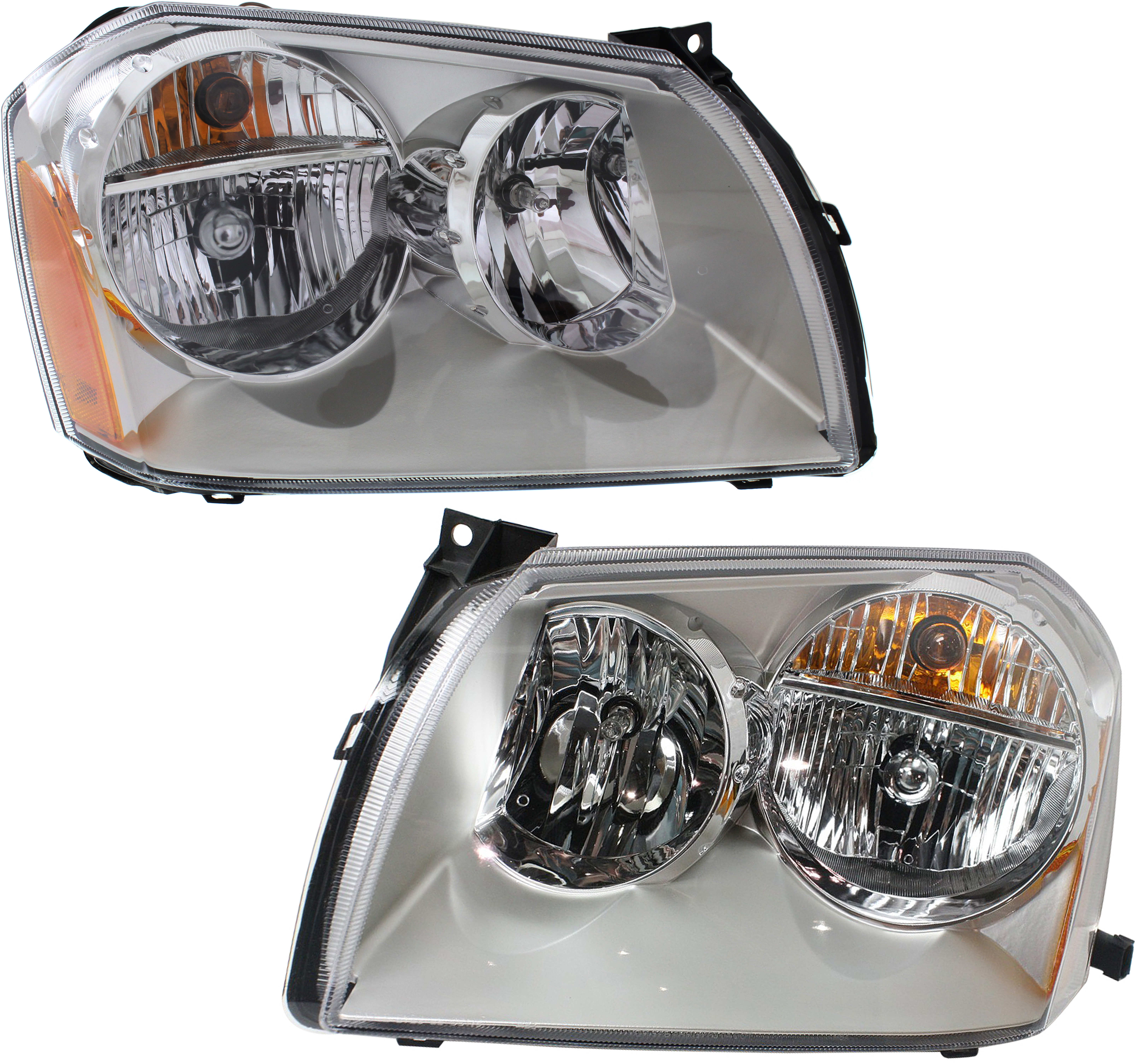 AM MAGNUM 05-07 HEAD LAMP RH AND LH Assembly Halogen Chrome Interior SKU SET D100135 Partslink CH2502165 CH2503165 OEM 4806058AG PFM 4806059AG PFM