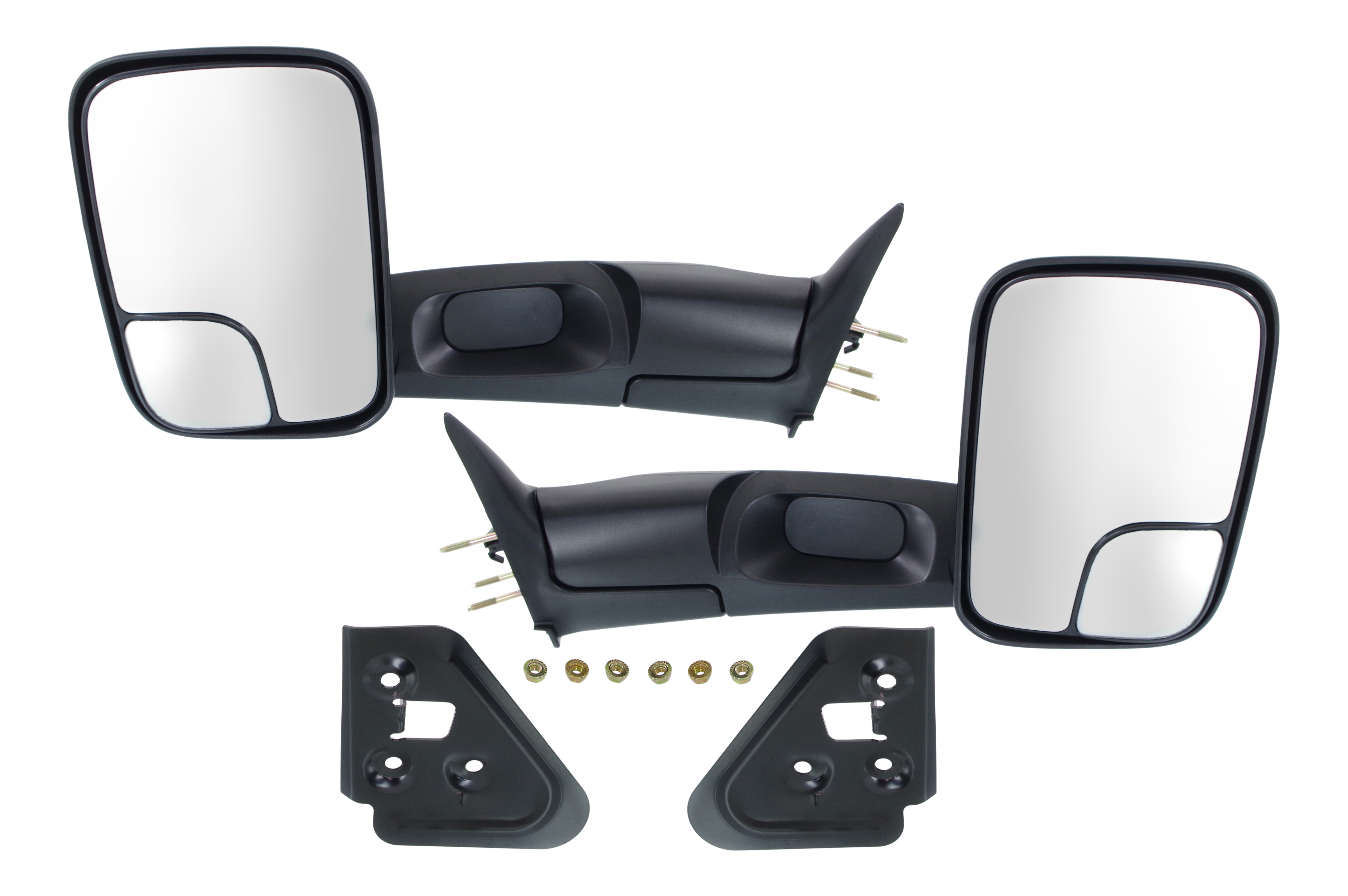 AM RAM 1500 P U 94-01 RAM 2500-3500 P U 94-02 TOWING MIRROR RH AND LH Manual Adjust Manual Folding Non Heated Textured w Bracket and Blind Spot Glass SKU SET DG49R Partslink CH1320332 CH1321332 OEM 55156334AD PFM 55156335AD PFM